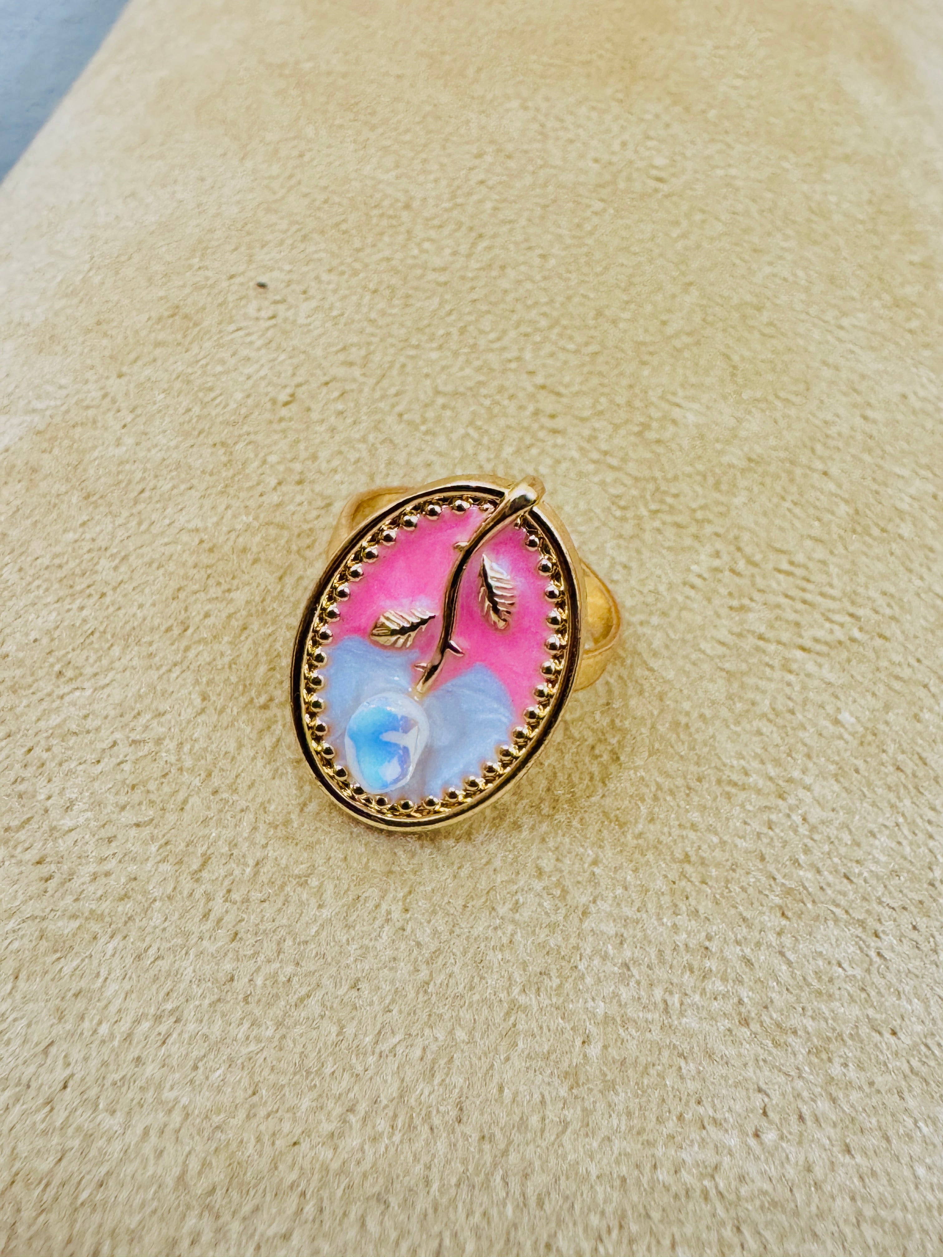 Handcrafted Gold Plated Oval Leaf Ring β Elegant Pink Enamel Adjustable Design
