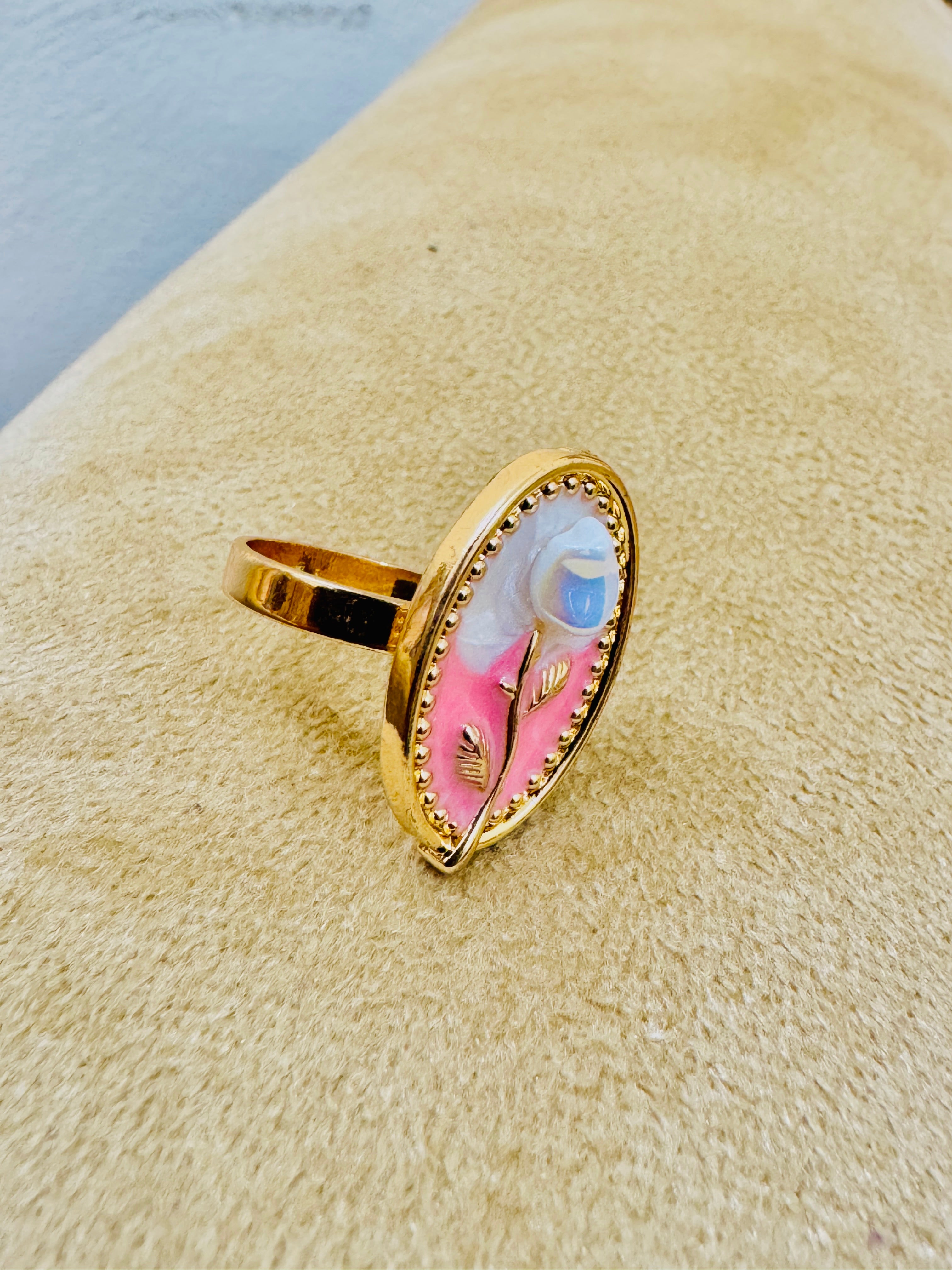 Handcrafted Gold Plated Oval Leaf Ring β Elegant Pink Enamel Adjustable Design