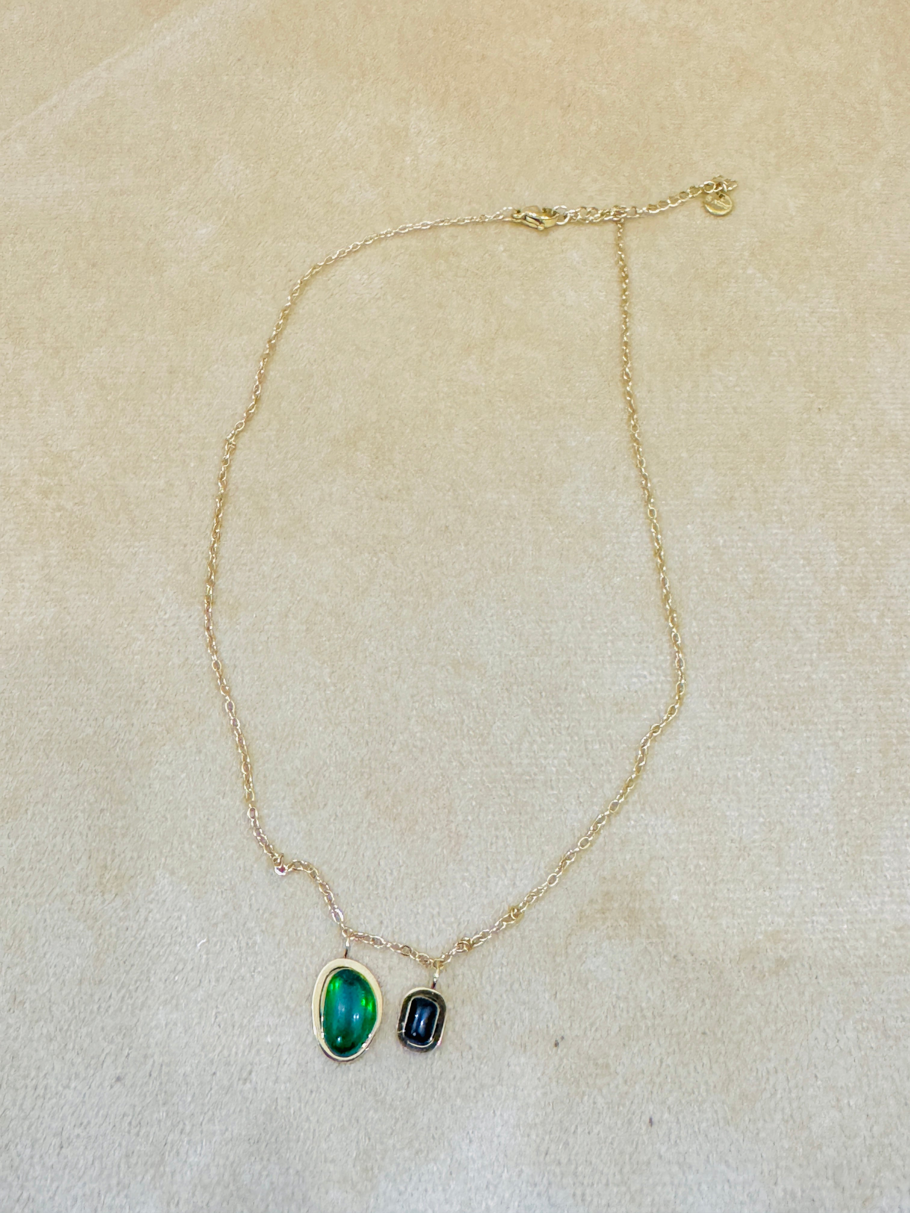 Dual Gemstone Gold Plated Necklace – Elegant Green & Black Stone Pendant for Modern Glam