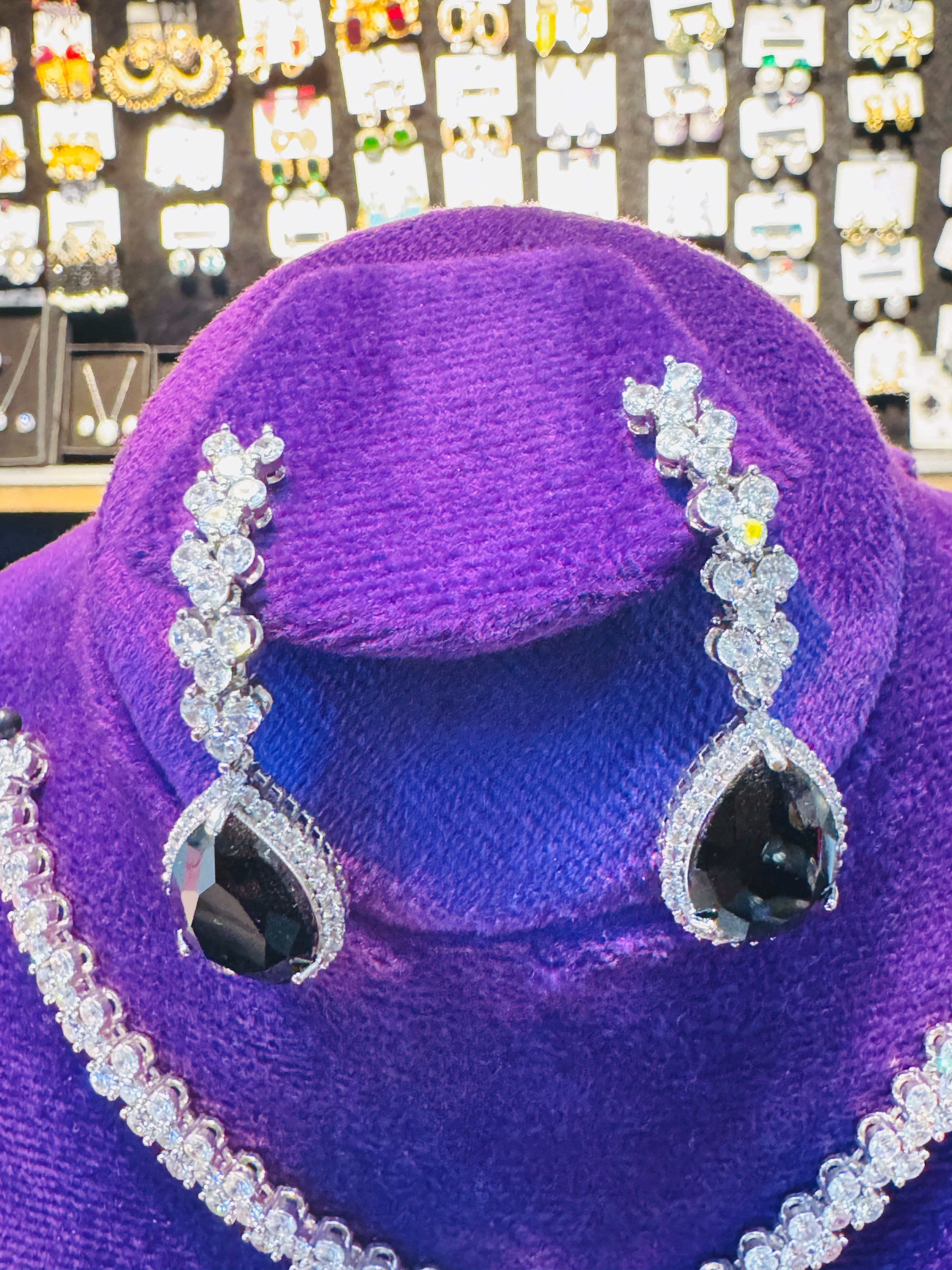 Premium Silver-Plated Black Stone Bridal Set β Elegant Tear Drop Necklace & Earrings