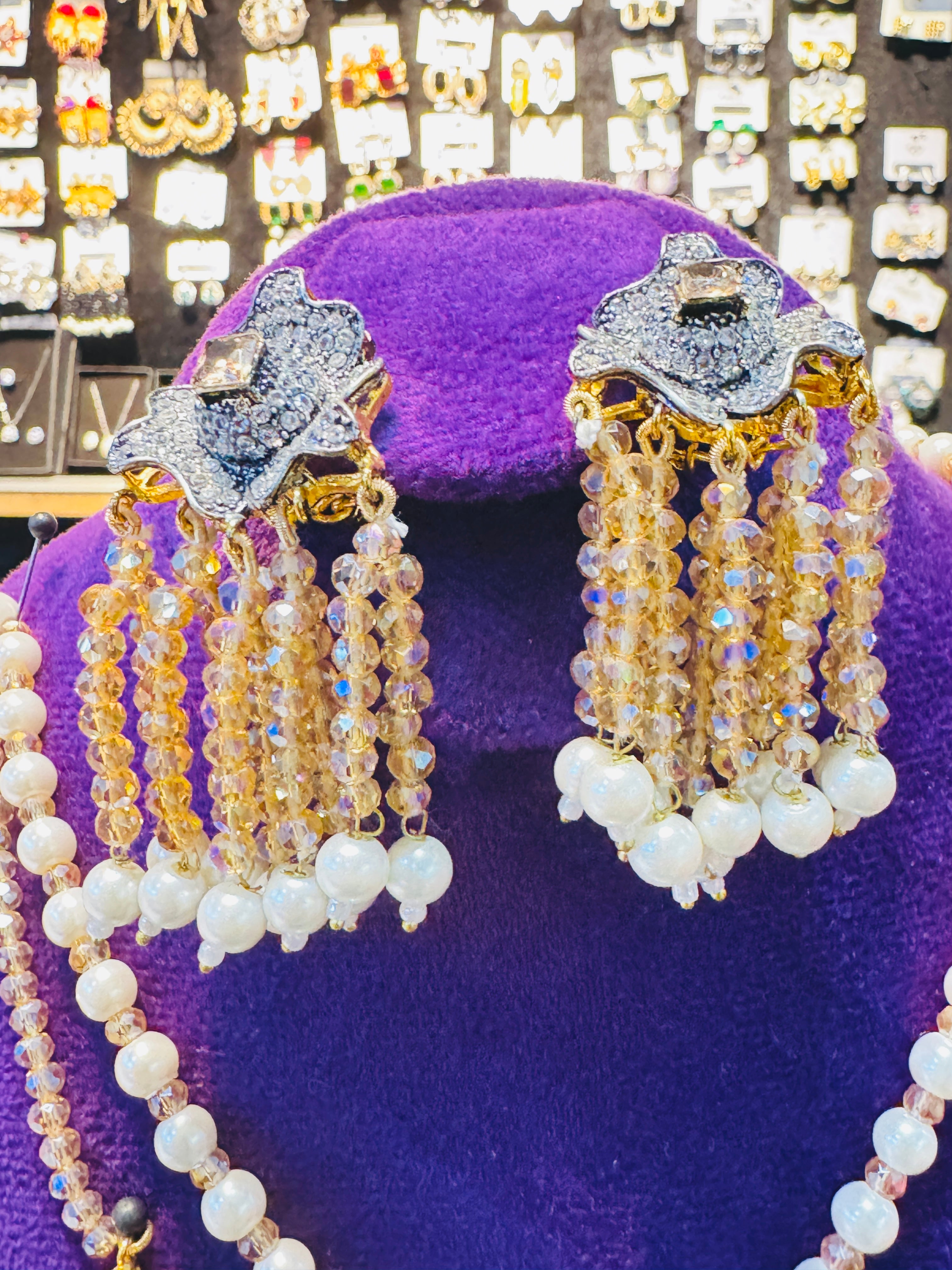 Handcrafted Pearl & Crystal Tassel Bridal Set – Elegant Golden & Silver Finish