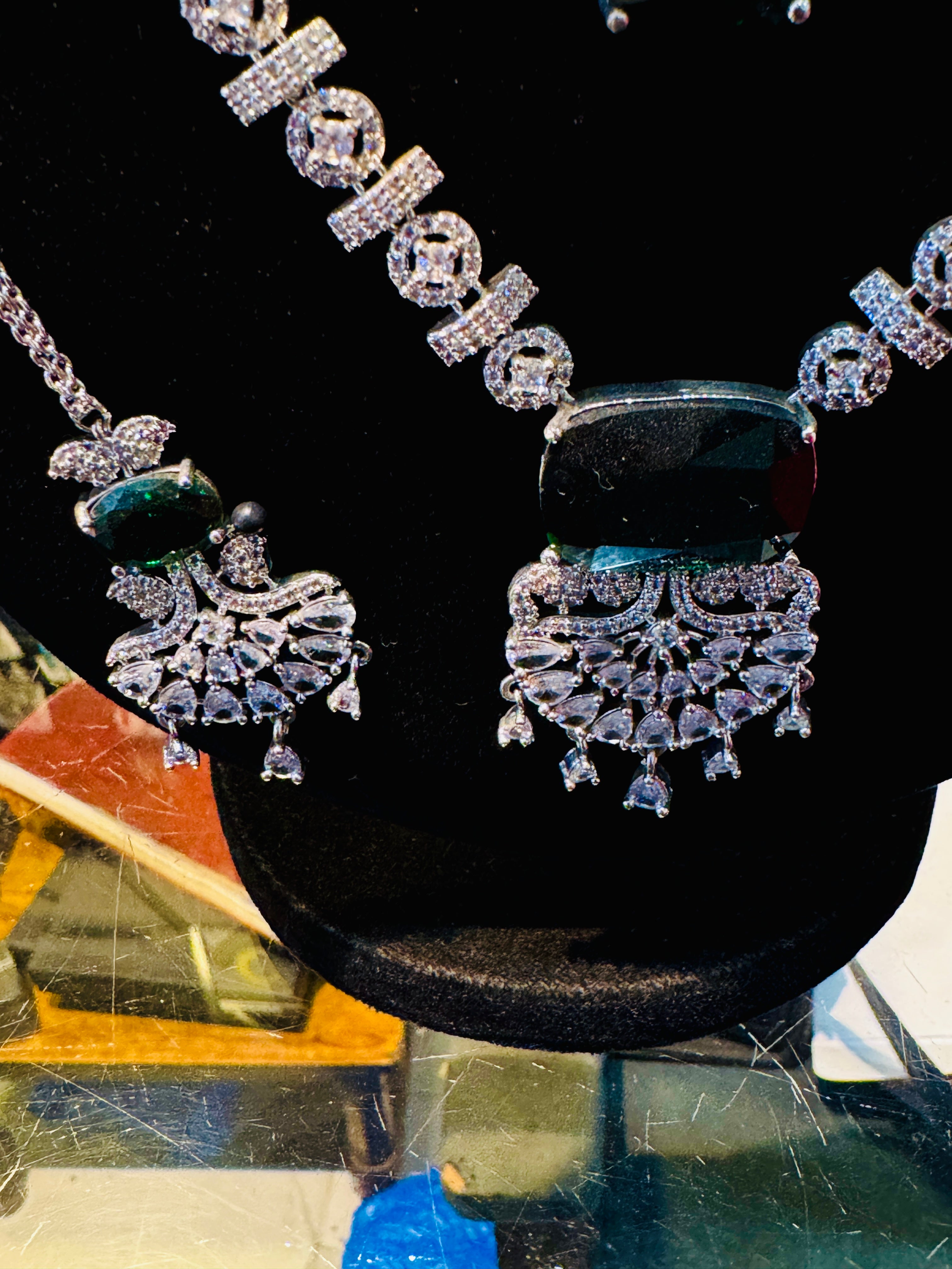 Luxury Silver-Plated Green Stone Bridal Set – Complete Necklace, Earrings & Tikka