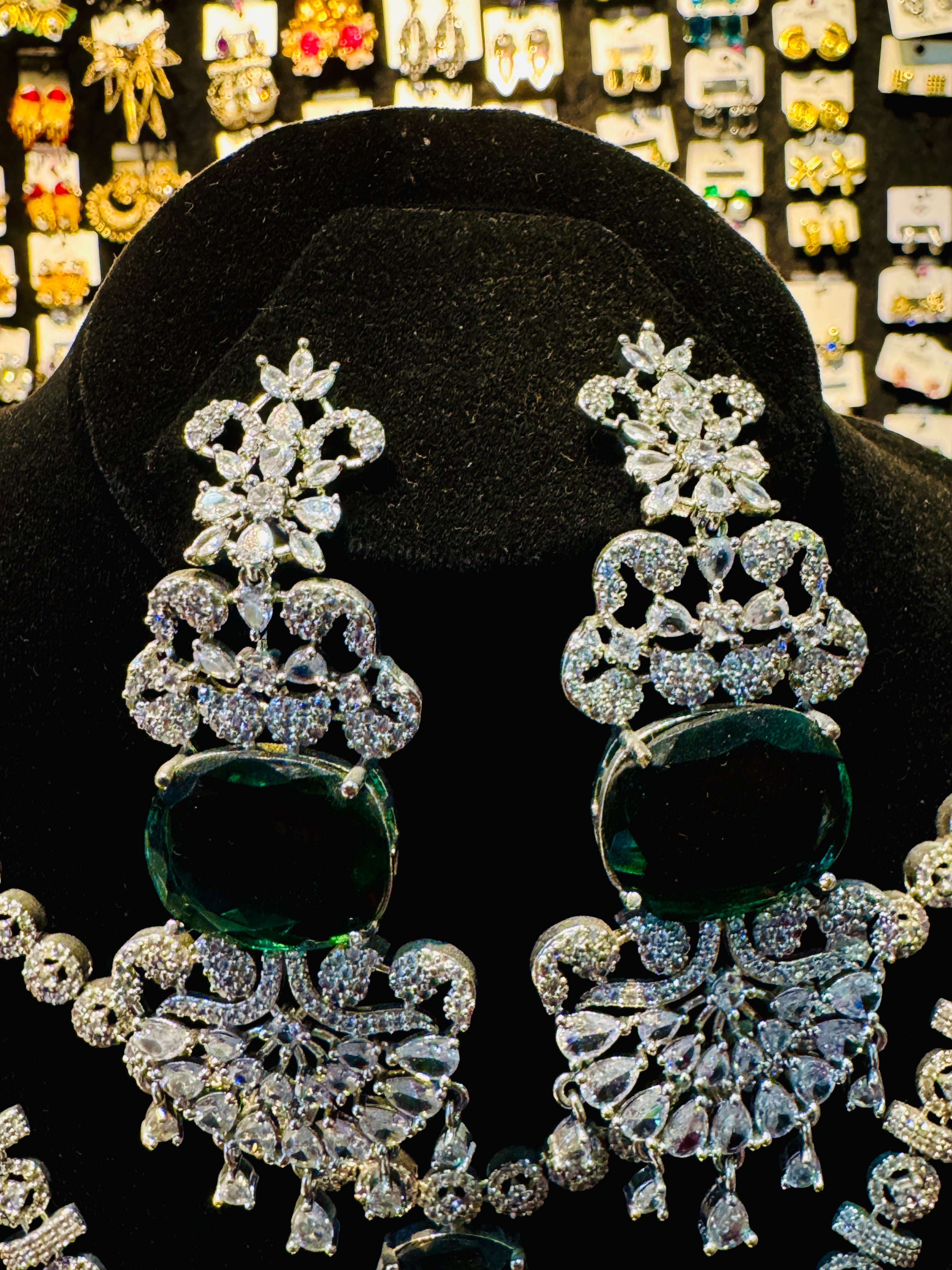 Luxury Silver-Plated Green Stone Bridal Set – Complete Necklace, Earrings & Tikka