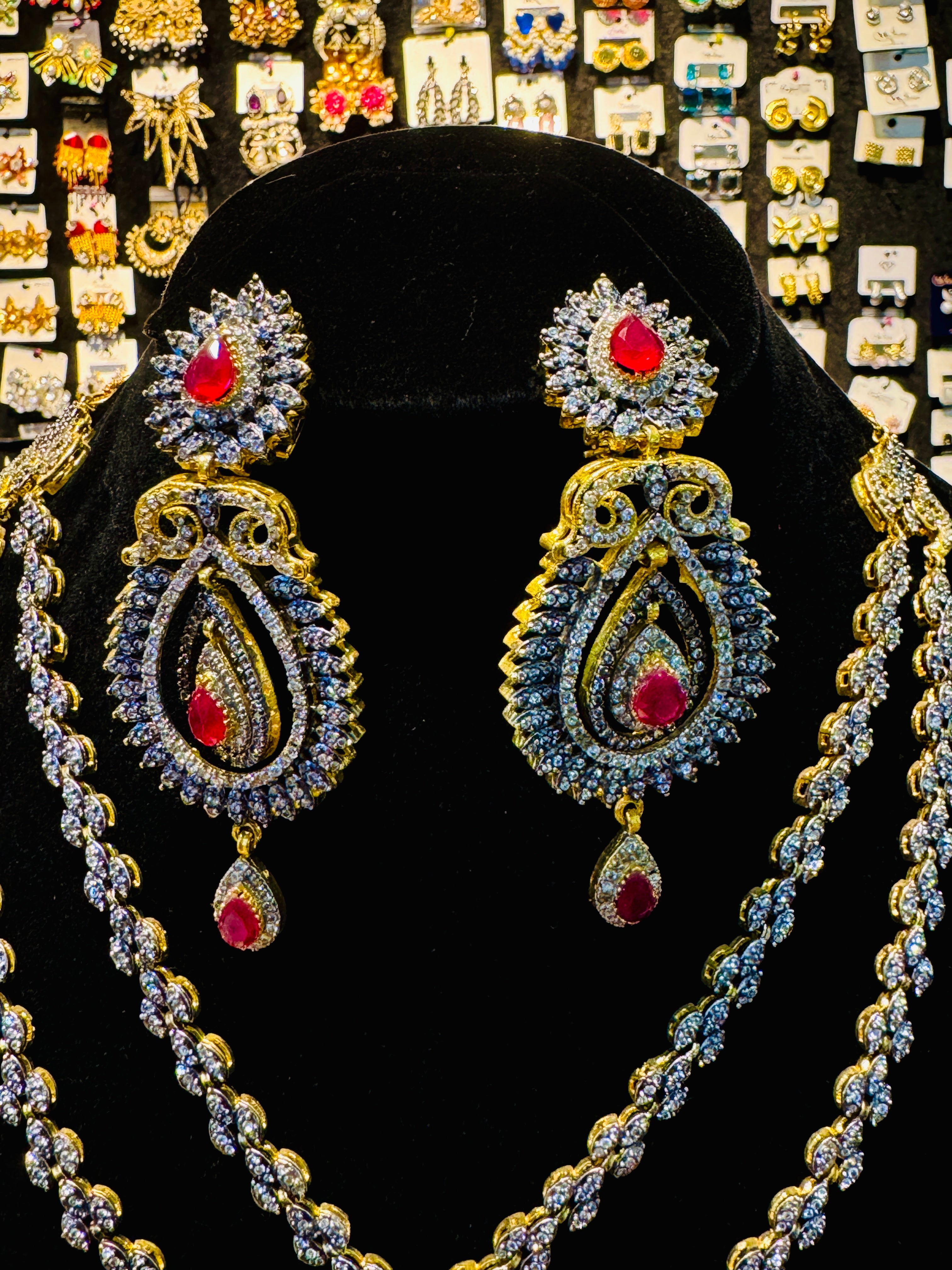 Royal Gold-Plated Red Stone Bridal Set – Double-Layer Necklace, Earrings & Tikka