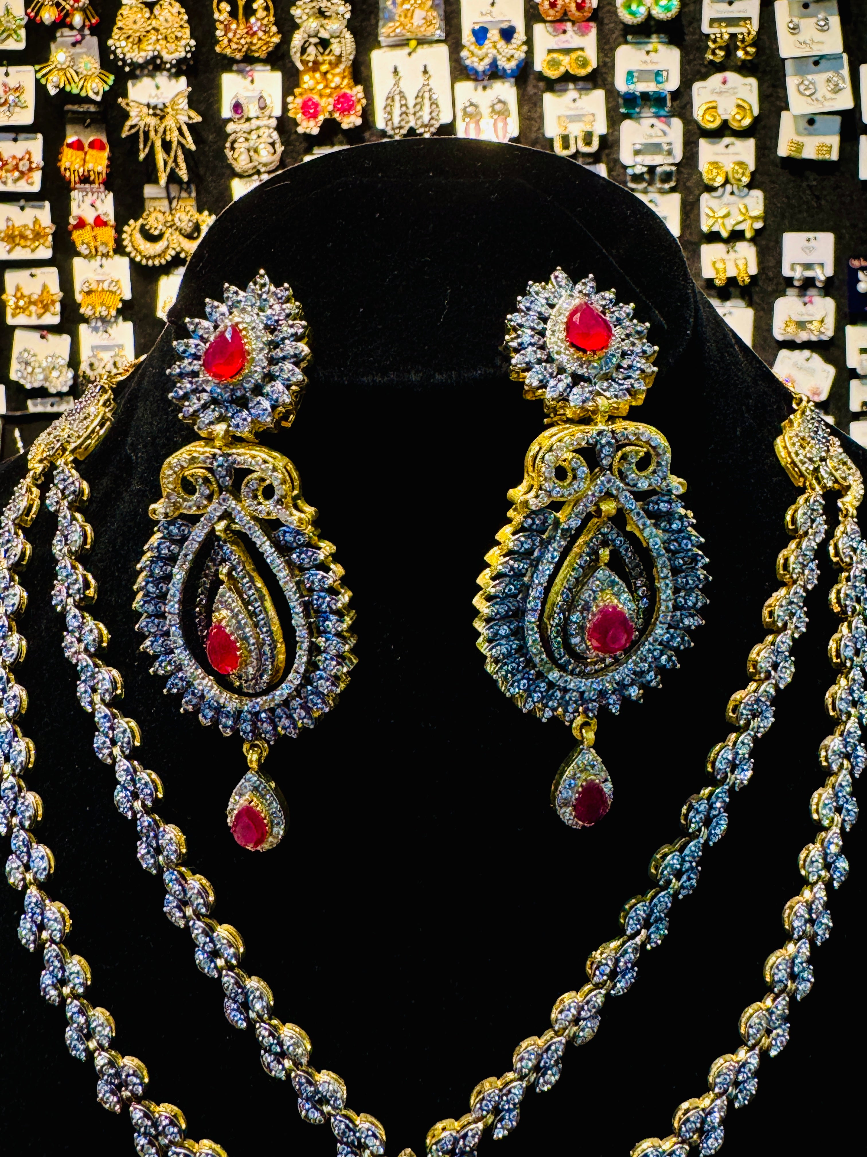 Royal Gold-Plated Red Stone Bridal Set – Double-Layer Necklace, Earrings & Tikka