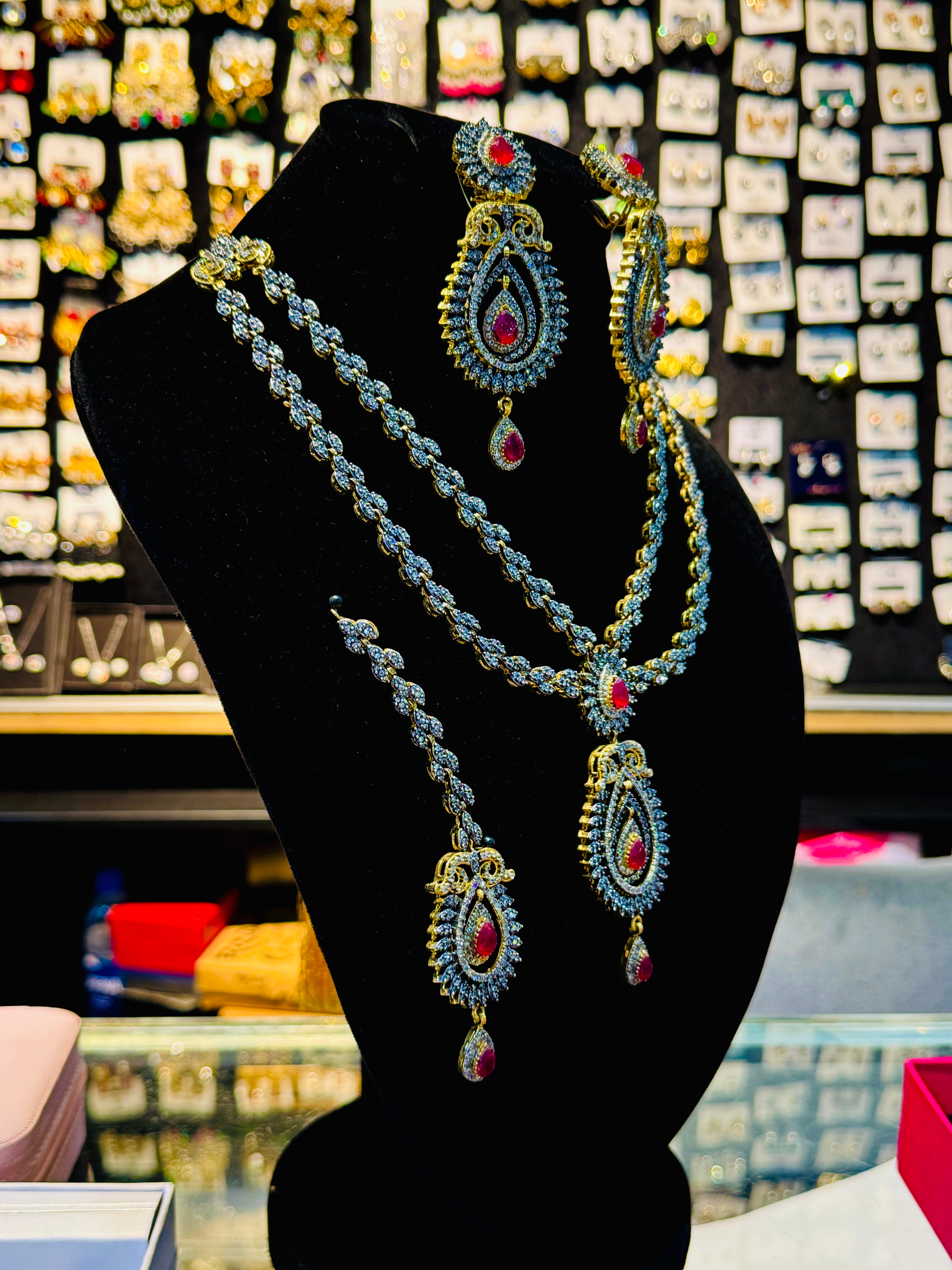 Royal Gold-Plated Red Stone Bridal Set – Double-Layer Necklace, Earrings & Tikka