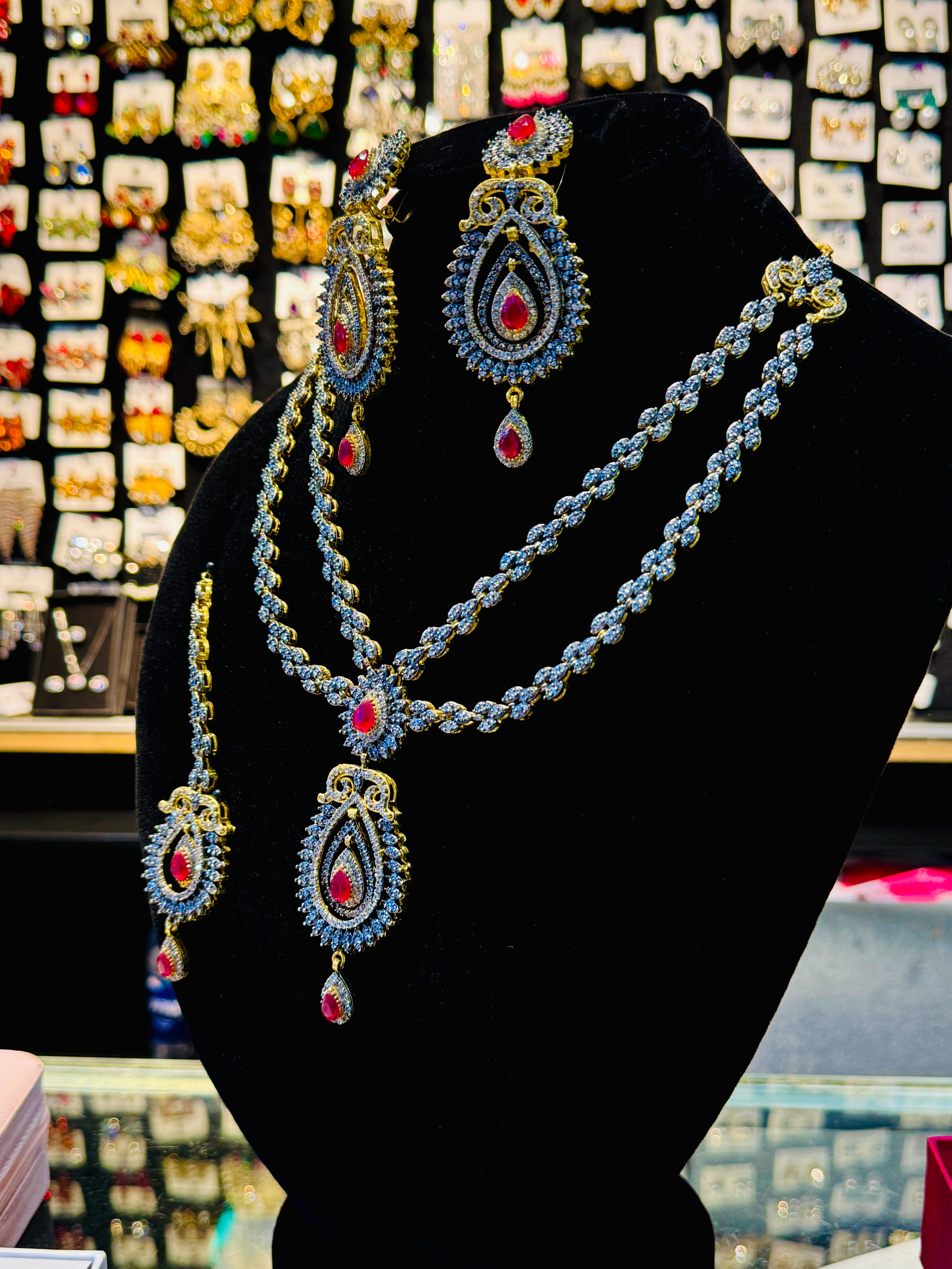 Royal Gold-Plated Red Stone Bridal Set – Double-Layer Necklace, Earrings & Tikka