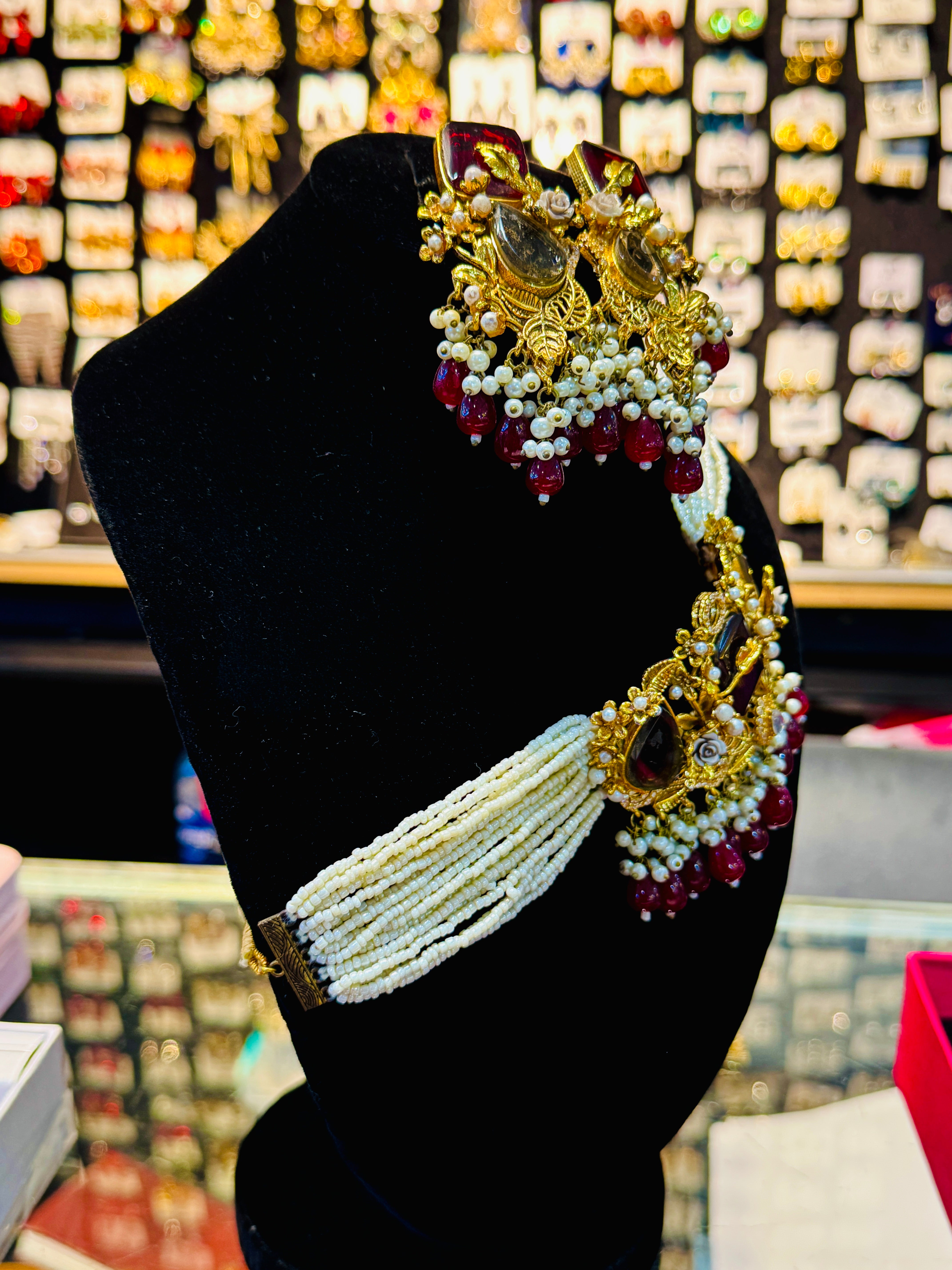 Handcrafted Kundan & Pearl Bridal Choker Set β Royal Gold & Maroon Traditional Jewelry