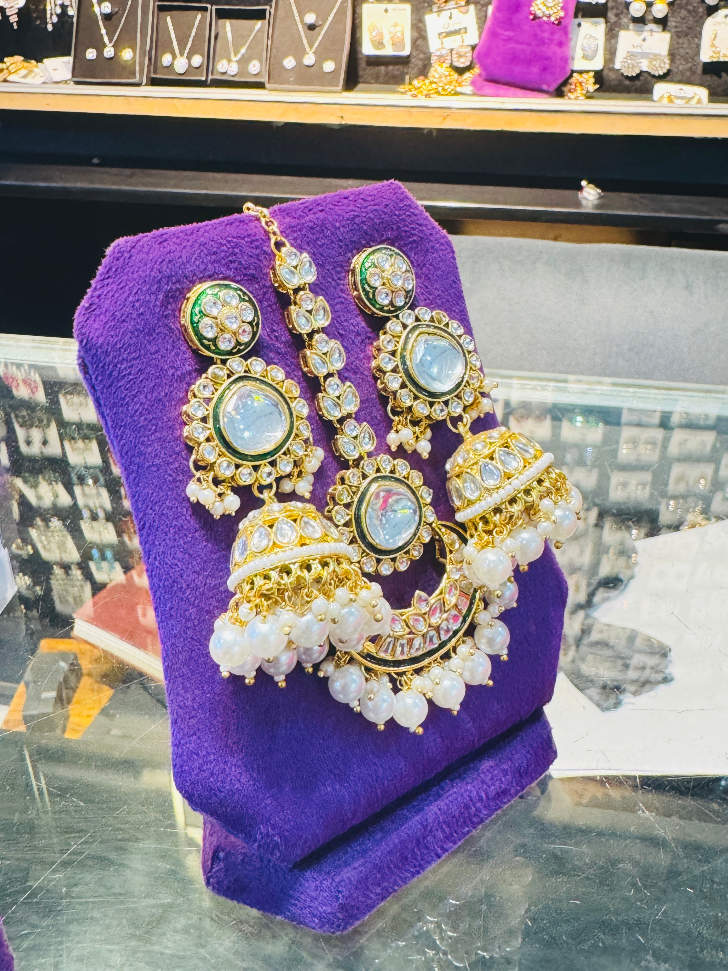 Traditional Kundan & Pearl Bridal Set β Gold-Plated Necklace, Earrings & Tikka