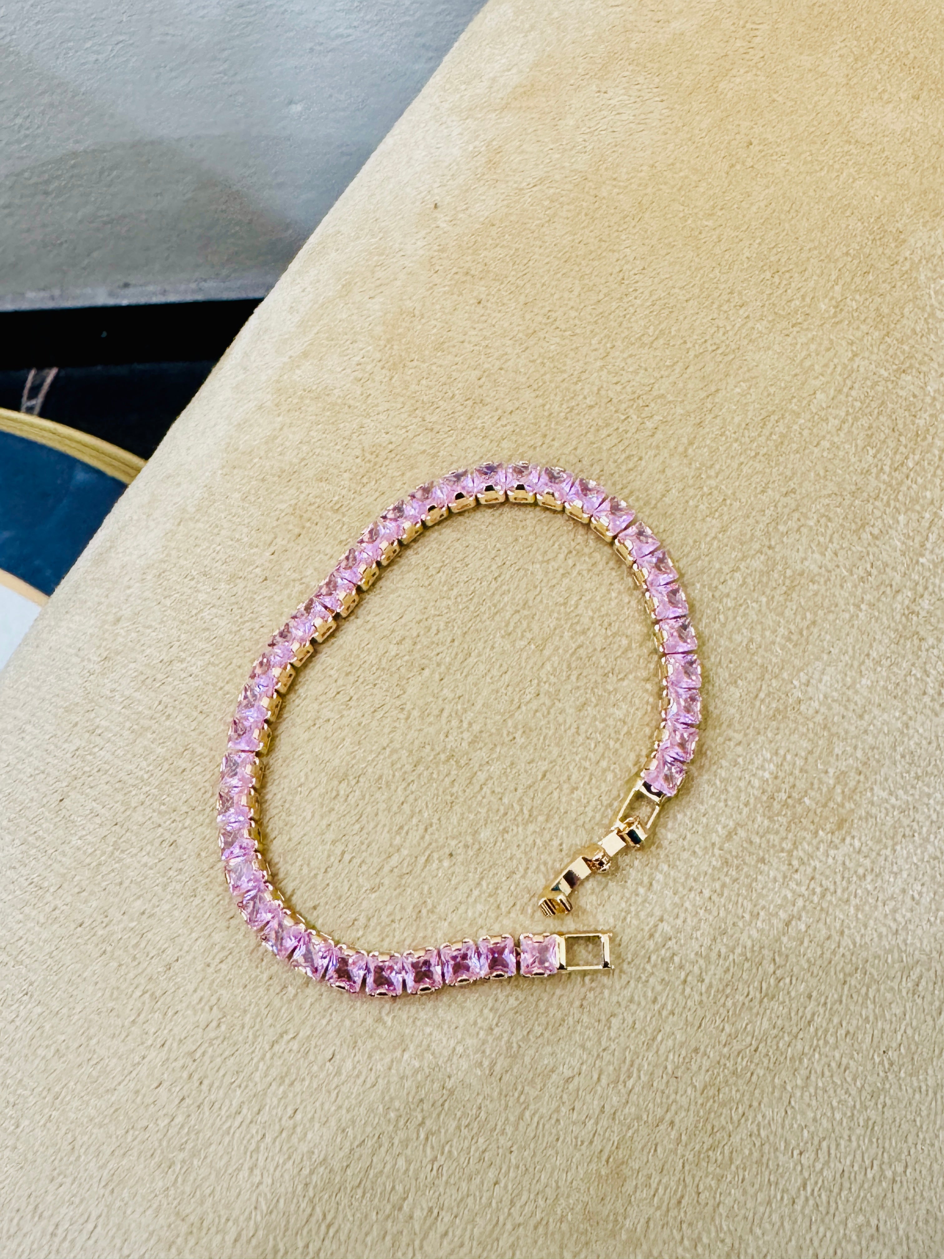 Gold-Plated Pink Crystal Tennis Bracelet – Elegant Festive & Party Wear
