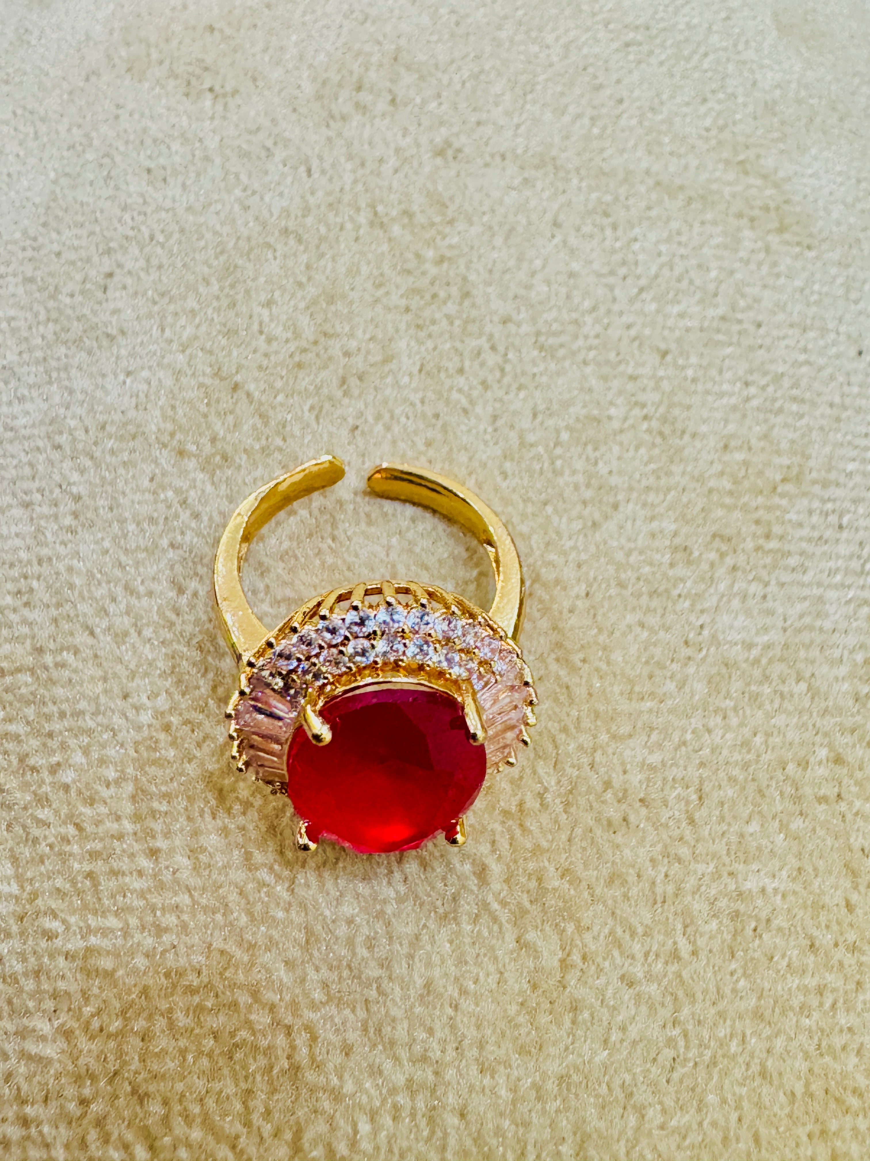 Premium Gold Plated Adjustable Ruby Ring – Handcrafted Sparkle for Festive Wear