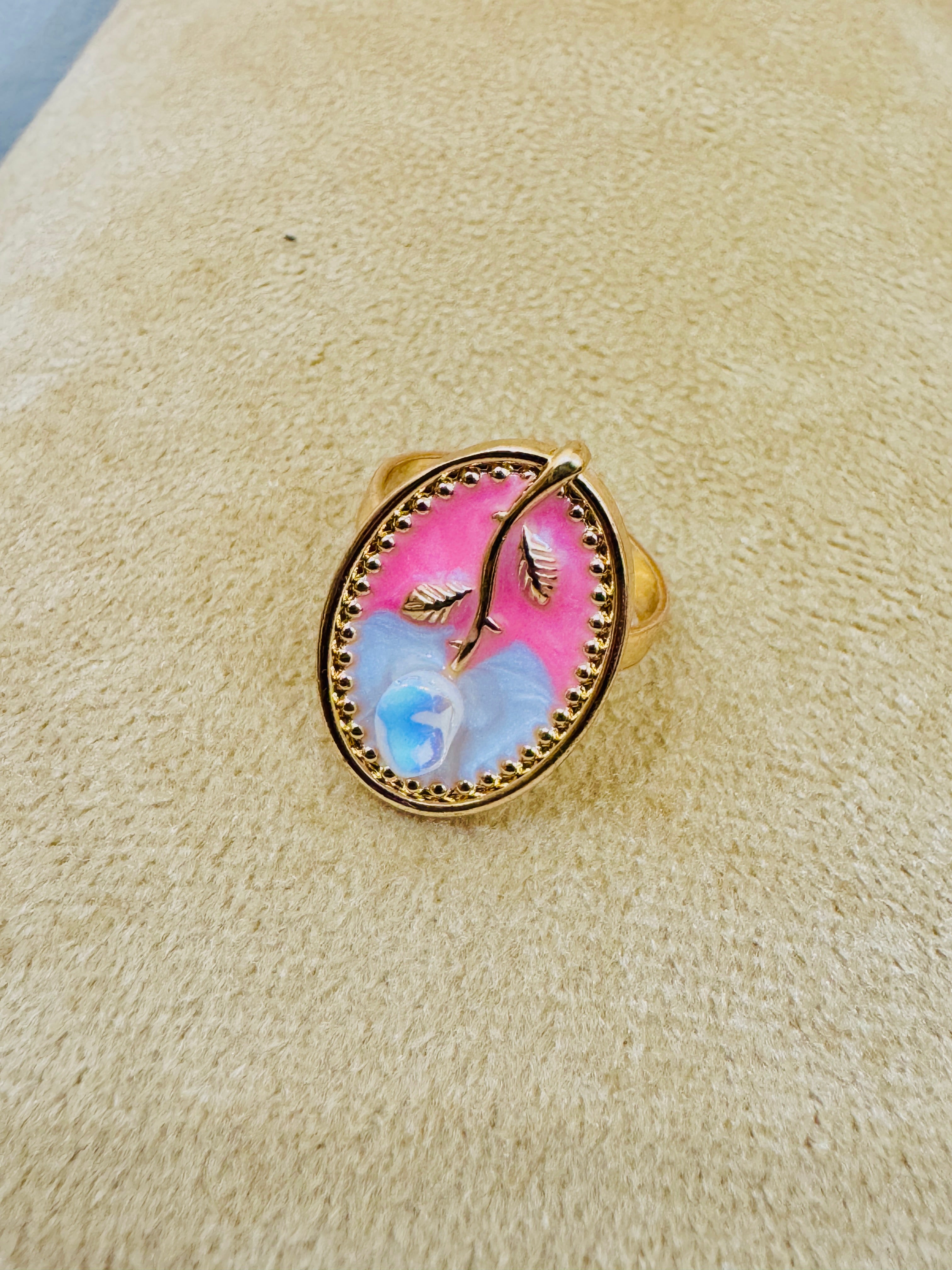 Handcrafted Gold Plated Oval Leaf Ring – Elegant Pink Enamel Adjustable Design