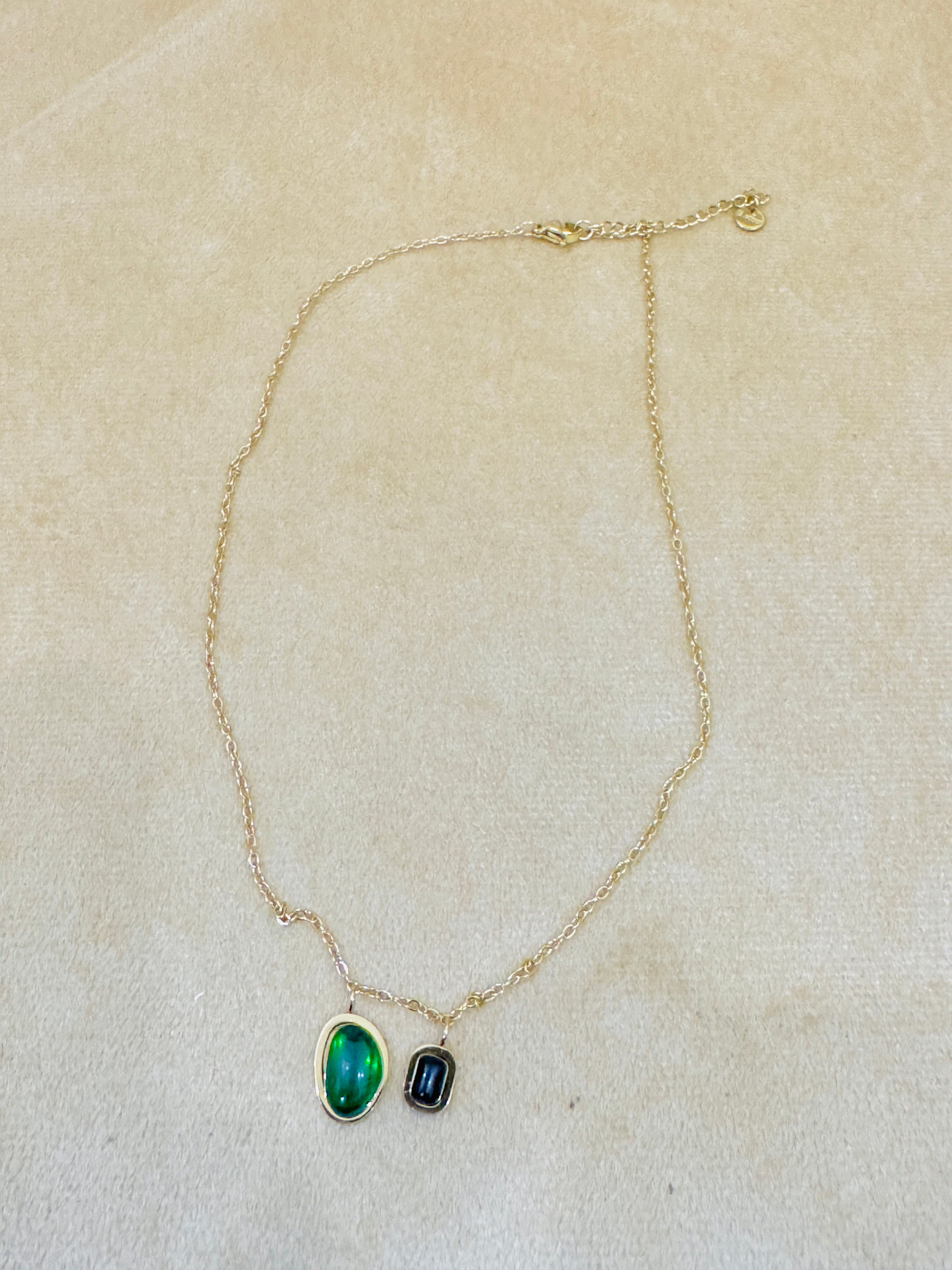 Dual Gemstone Gold Plated Necklace – Elegant Green & Black Stone Pendant for Modern Glam