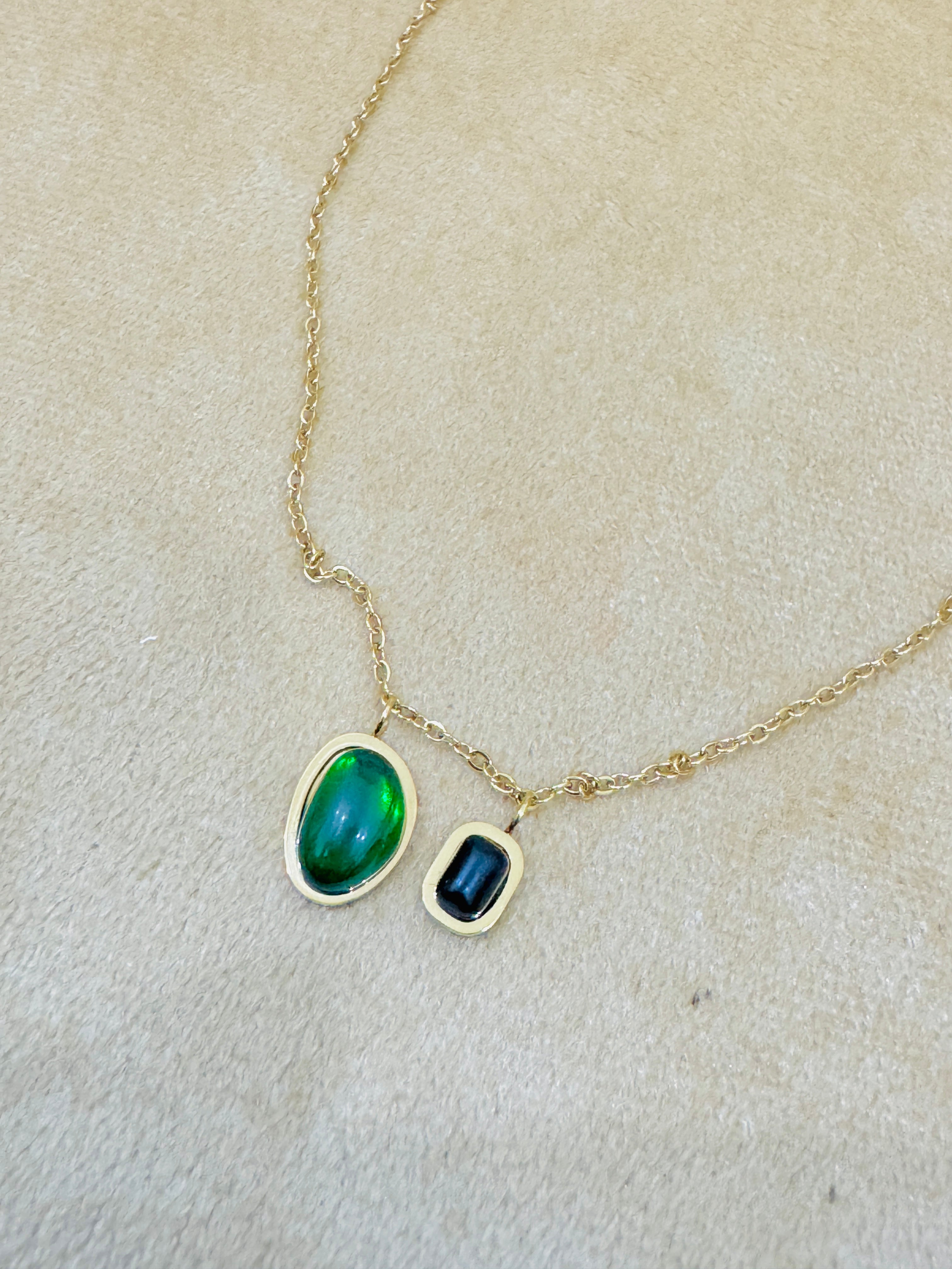 Dual Gemstone Gold Plated Necklace – Elegant Green & Black Stone Pendant for Modern Glam
