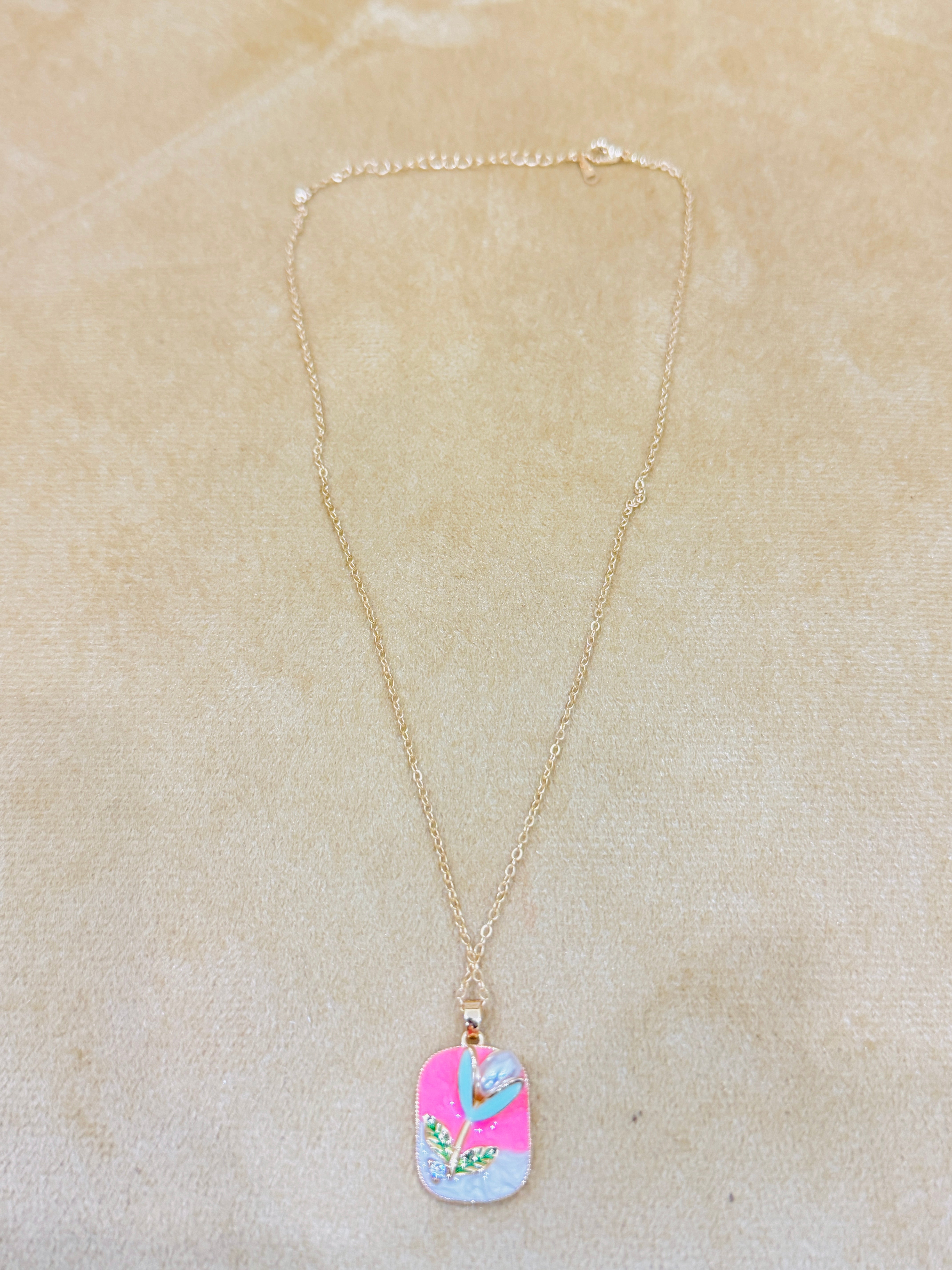 Handcrafted Floral Enamel Pendant Necklace – Gold Plated Chain for Artistic Daily Wear