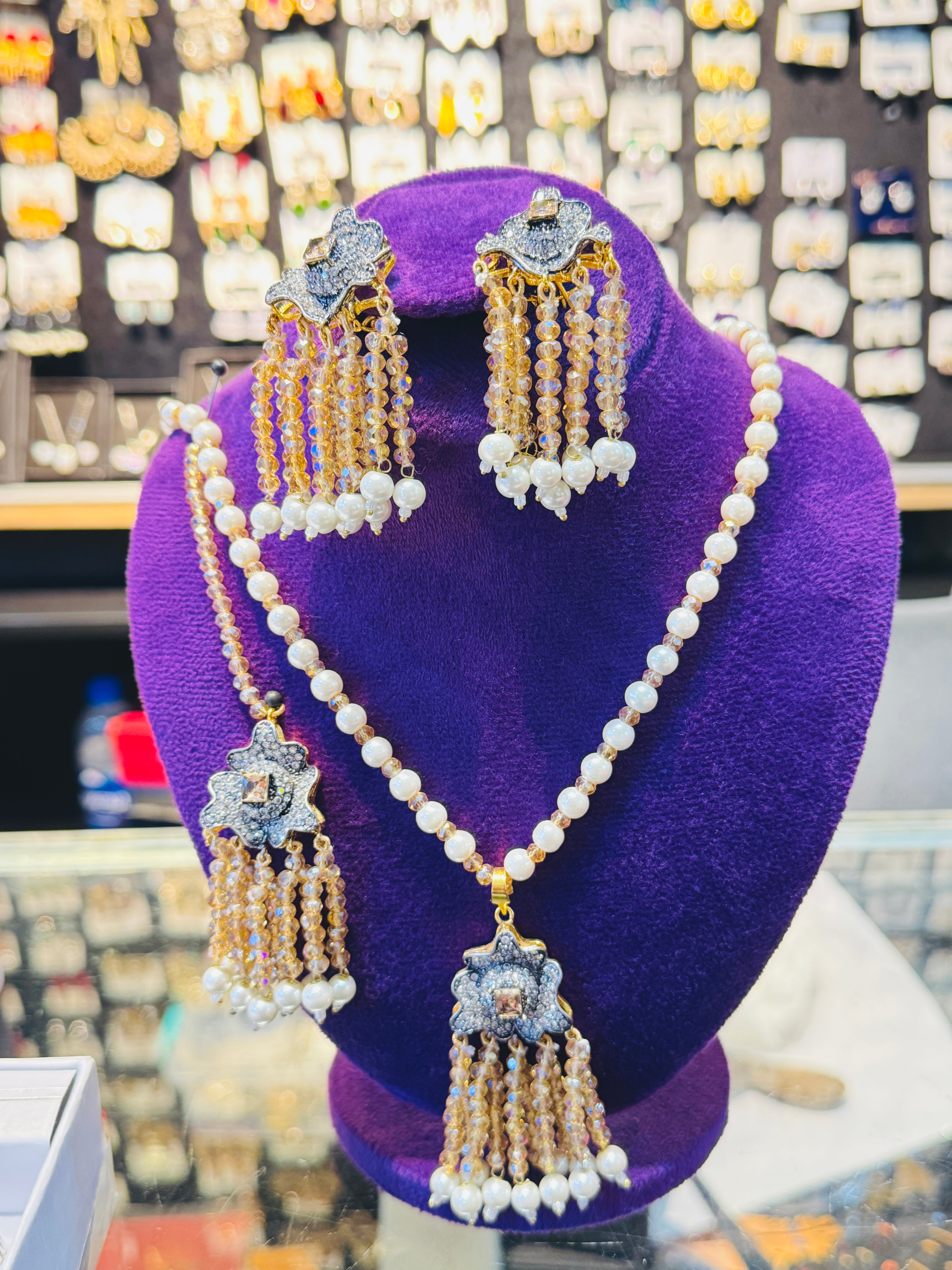 Handcrafted Pearl & Crystal Tassel Bridal Set – Elegant Golden & Silver Finish