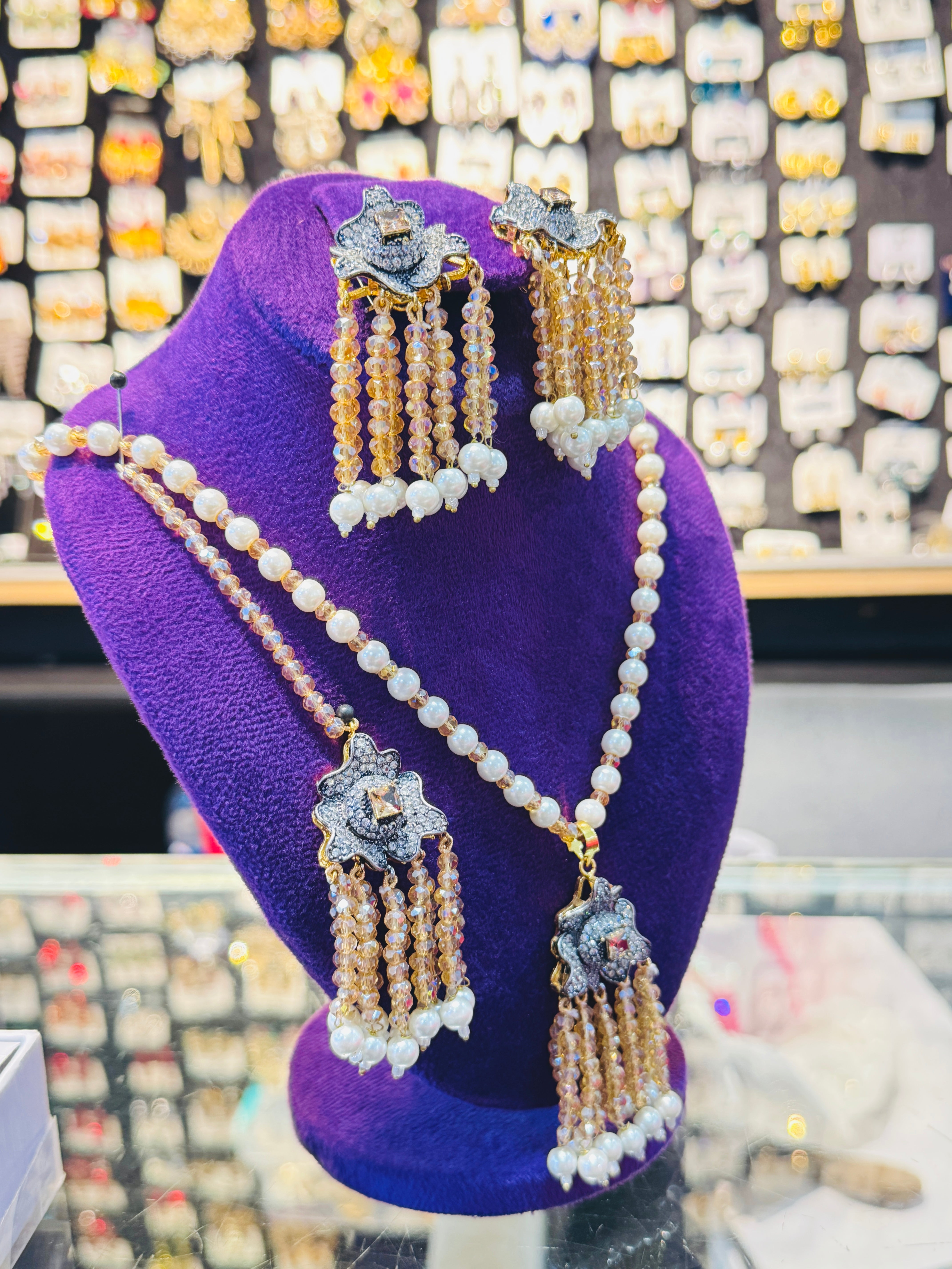 Handcrafted Pearl & Crystal Tassel Bridal Set – Elegant Golden & Silver Finish