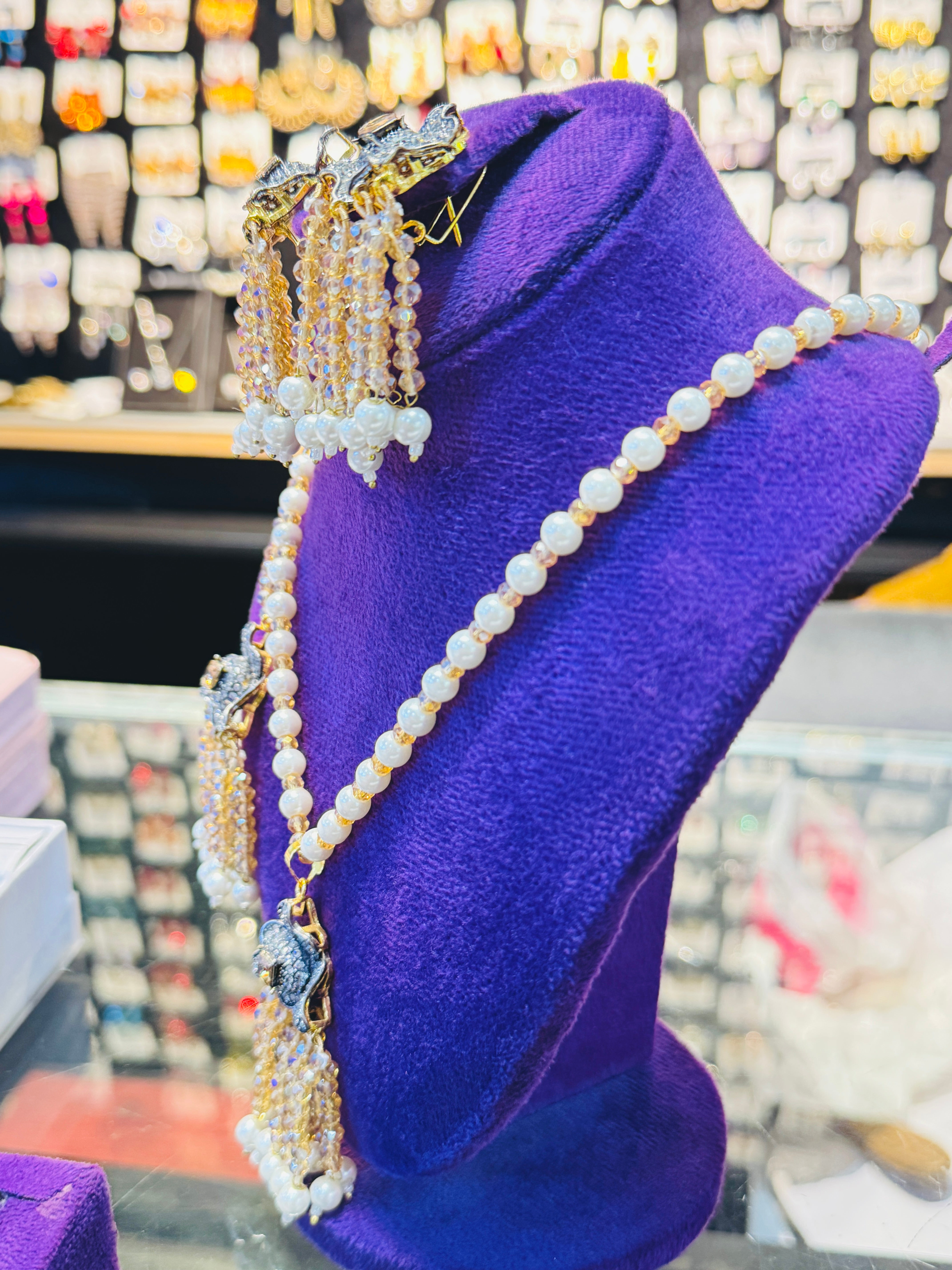 Handcrafted Pearl & Crystal Tassel Bridal Set – Elegant Golden & Silver Finish