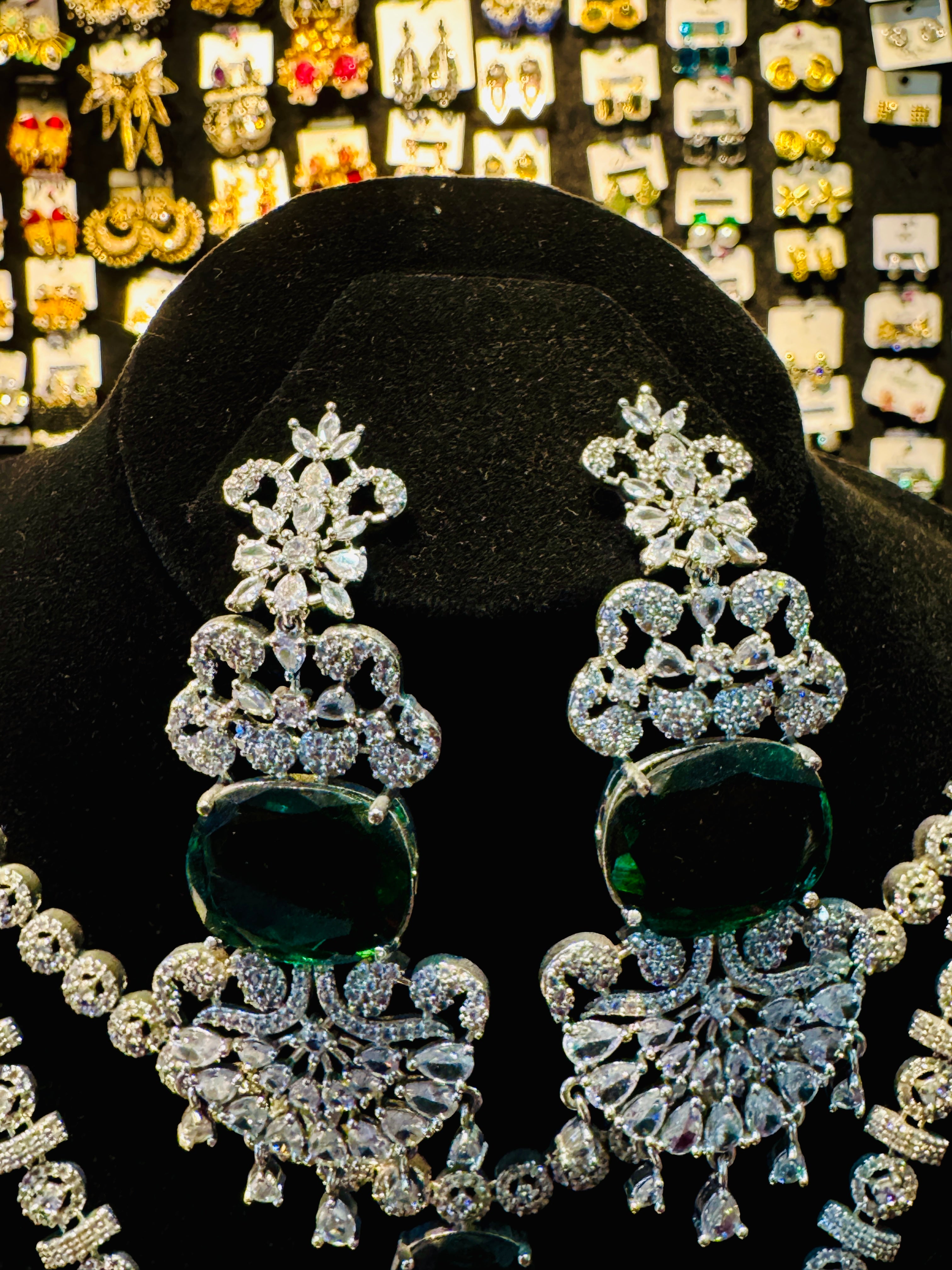 Luxury Silver-Plated Green Stone Bridal Set – Complete Necklace, Earrings & Tikka