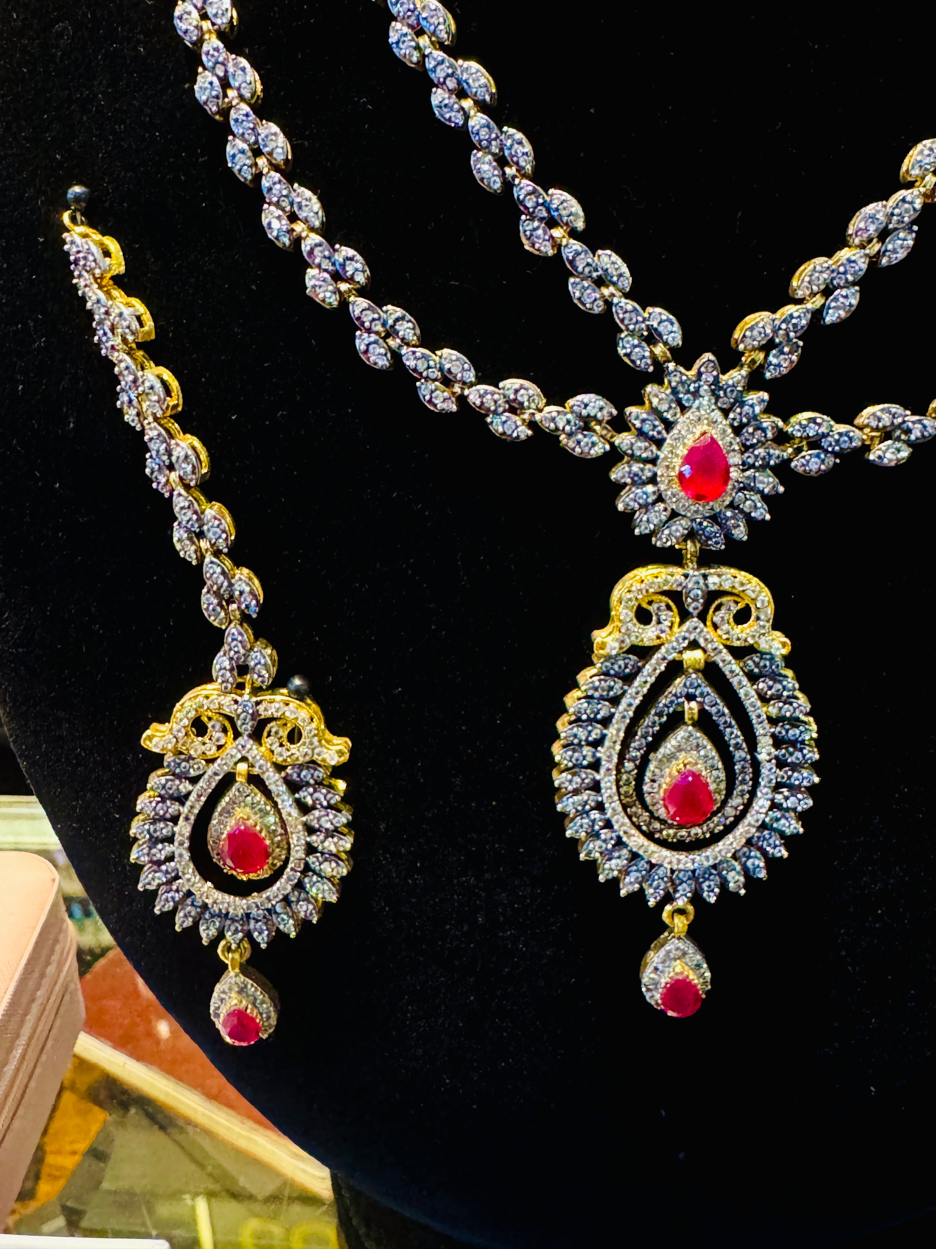 Royal Gold-Plated Red Stone Bridal Set – Double-Layer Necklace, Earrings & Tikka
