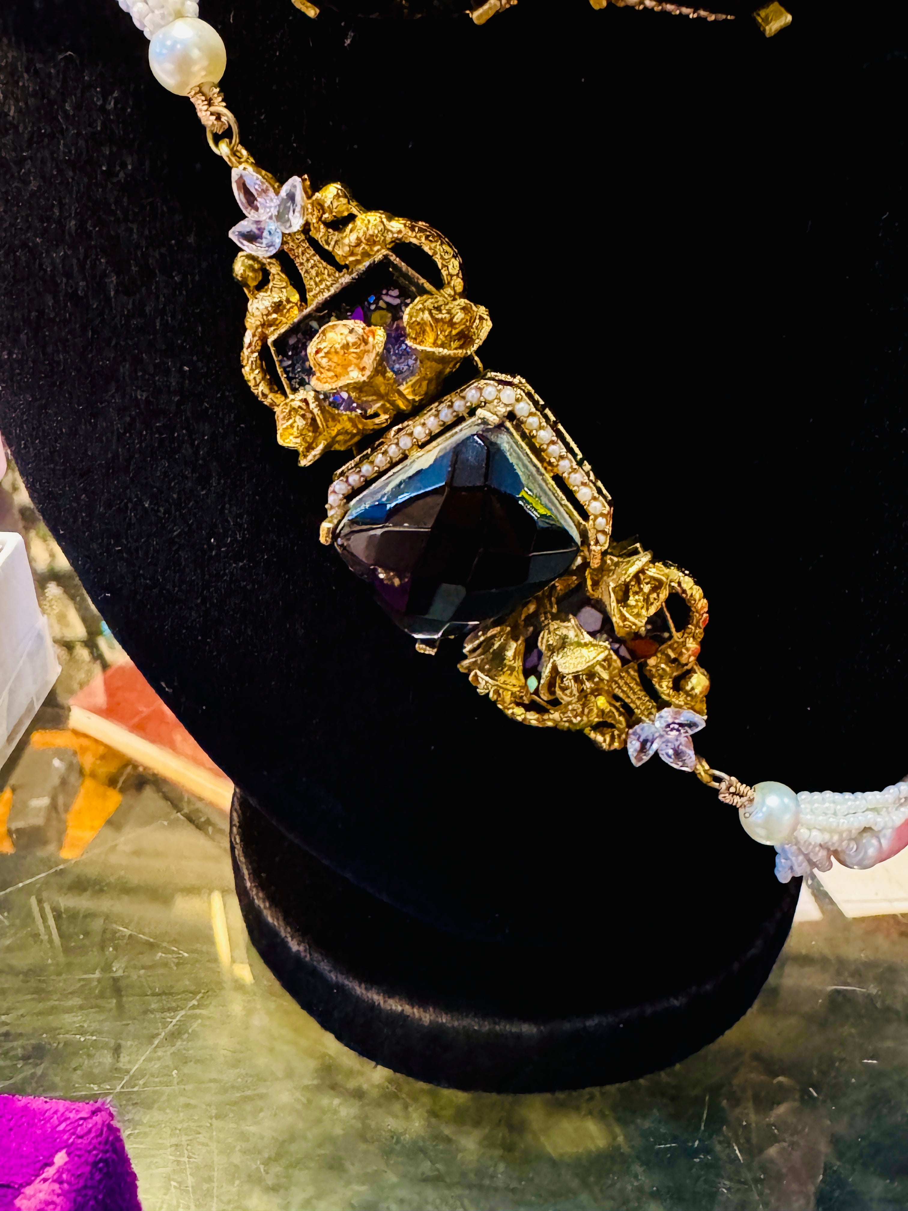 Antique Gold-Plated Black Stone Bridal Set – Pearl Strand Necklace & Earrings