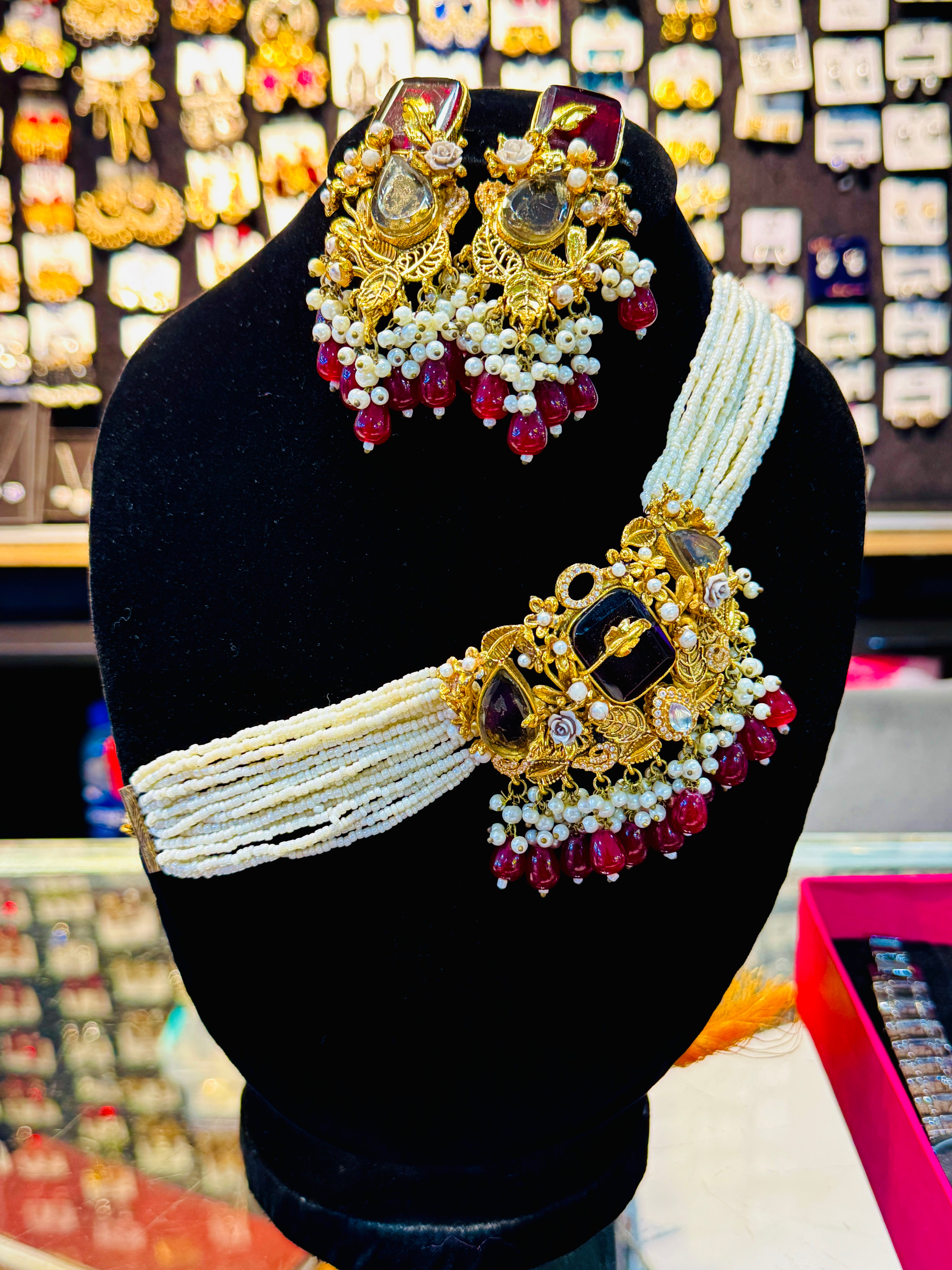 Handcrafted Kundan & Pearl Bridal Choker Set – Royal Gold & Maroon Traditional Jewelry