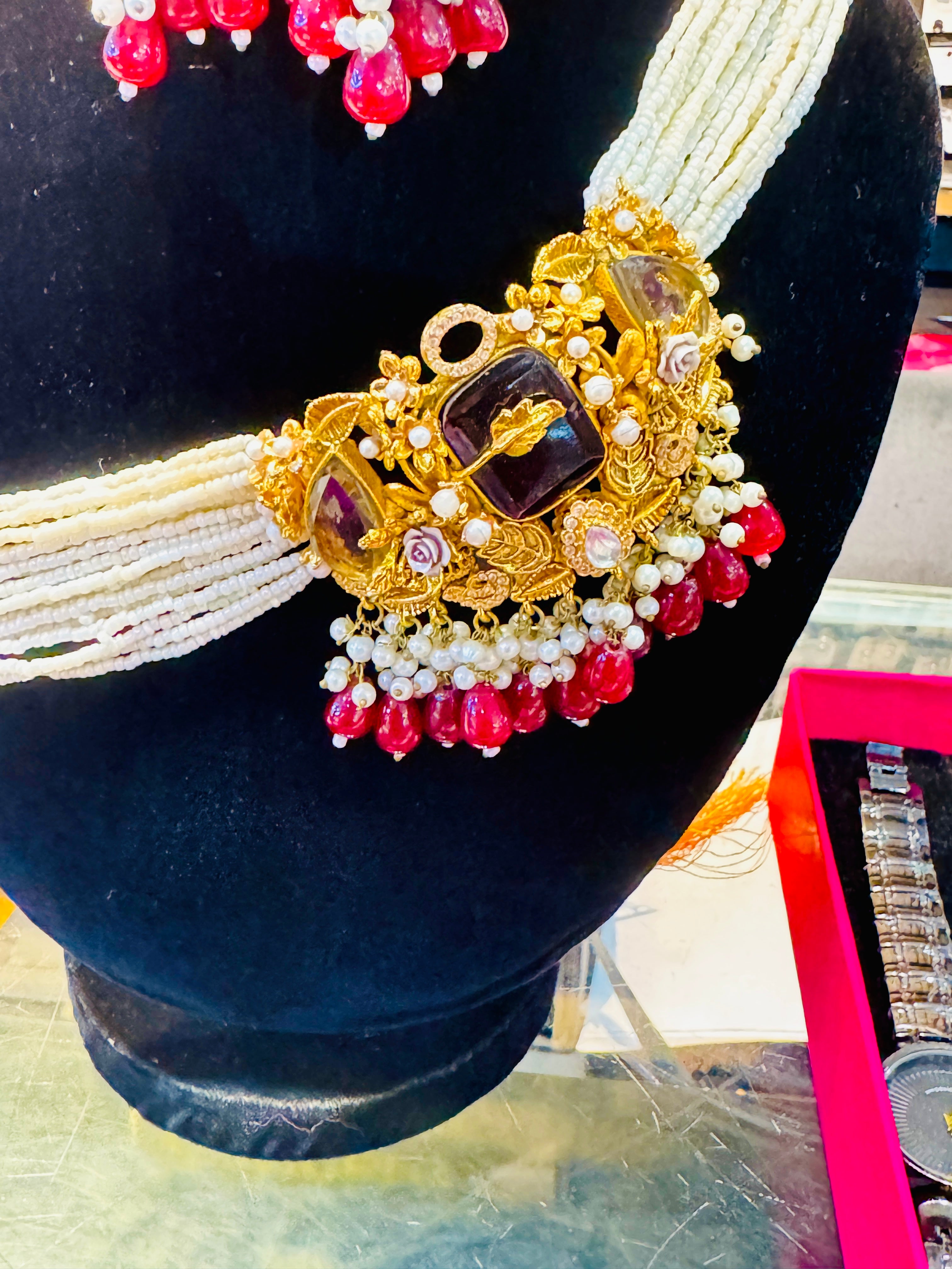 Handcrafted Kundan & Pearl Bridal Choker Set – Royal Gold & Maroon Traditional Jewelry