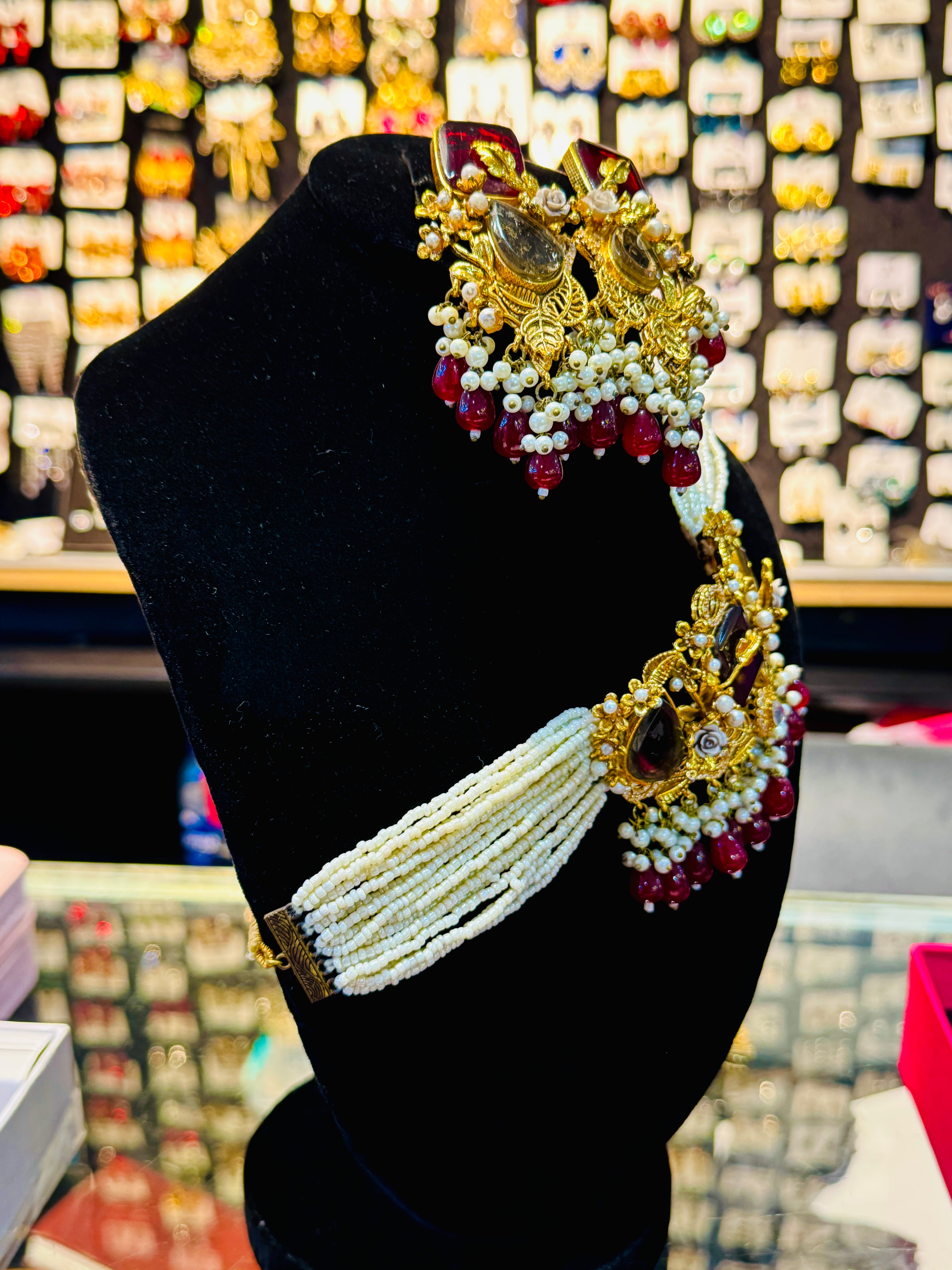 Handcrafted Kundan & Pearl Bridal Choker Set – Royal Gold & Maroon Traditional Jewelry