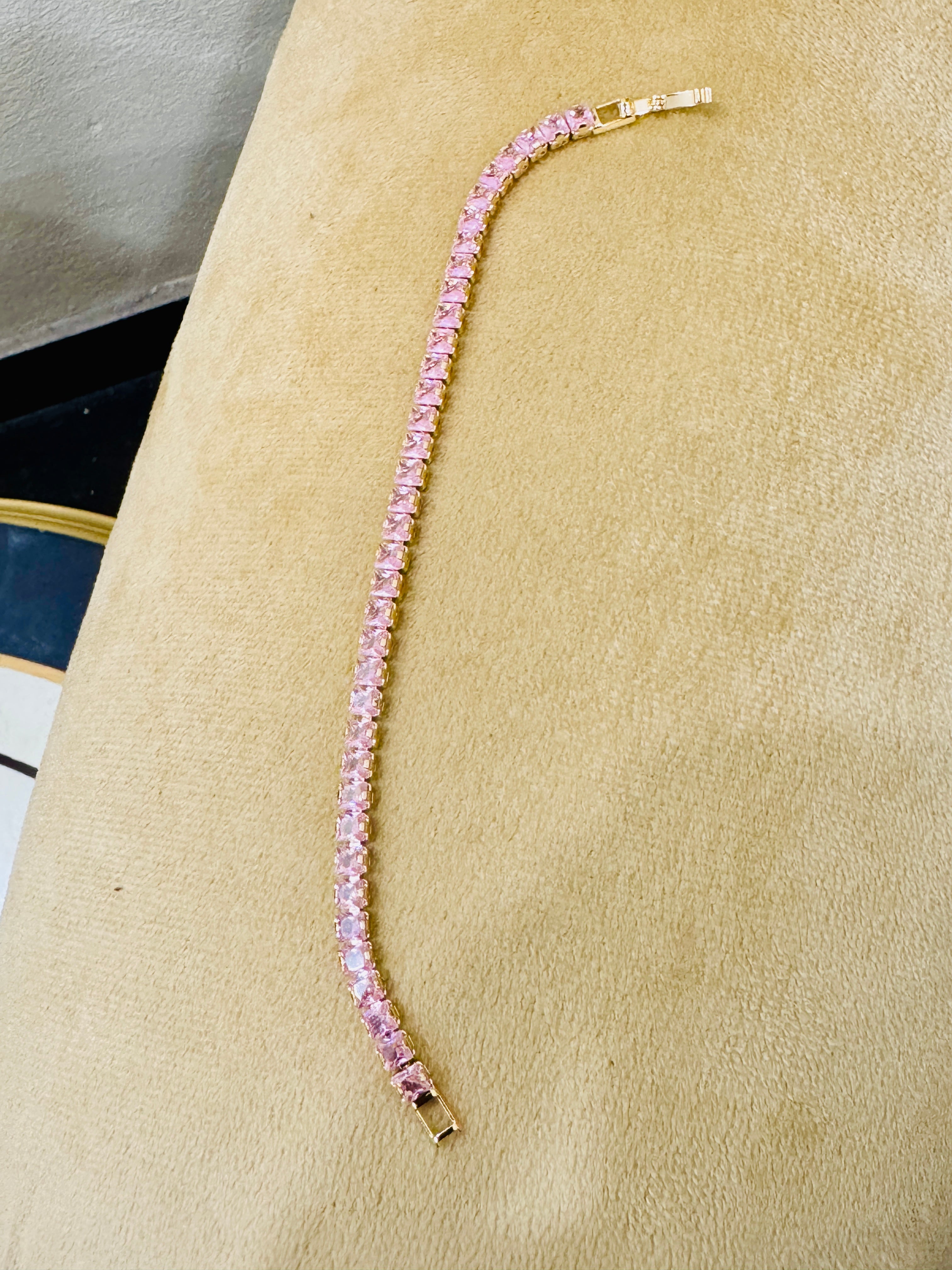 Gold-Plated Pink Crystal Tennis Bracelet – Elegant Festive & Party Wear