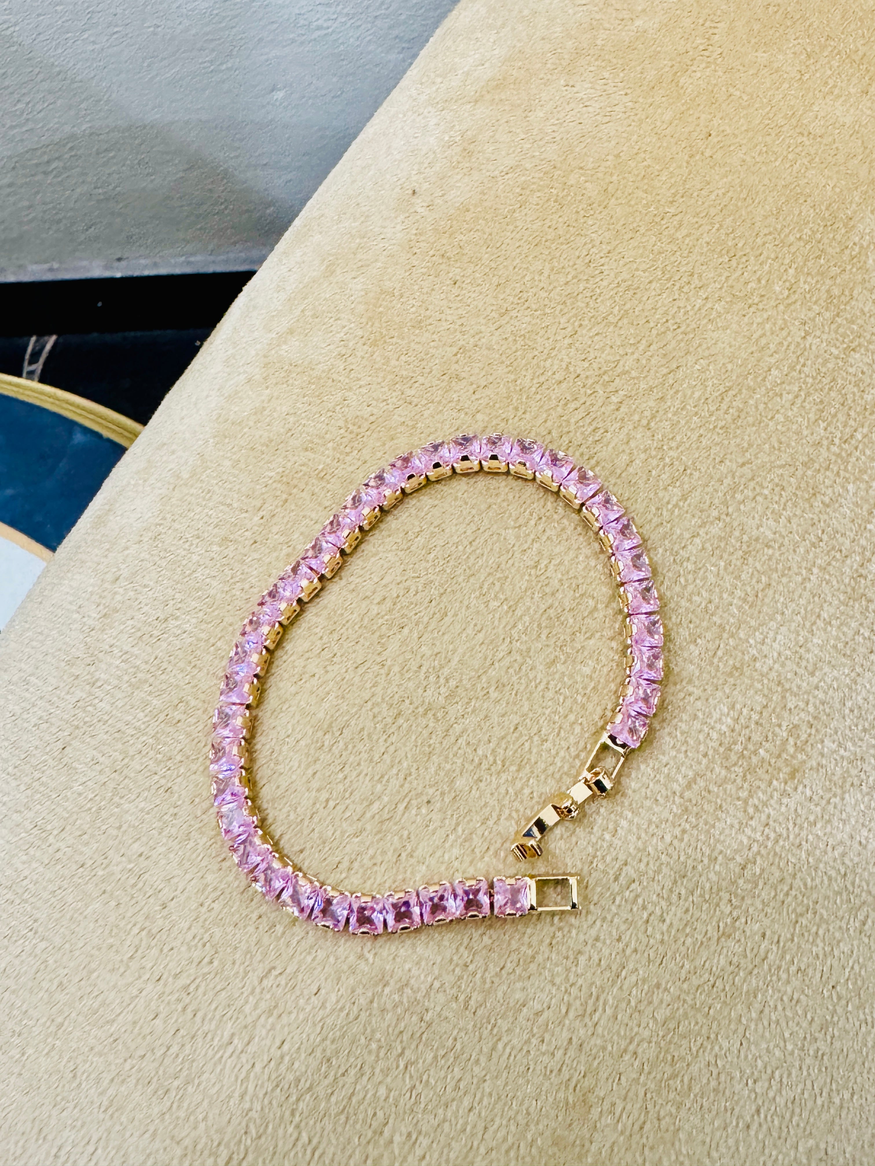 Gold-Plated Pink Crystal Tennis Bracelet – Elegant Festive & Party Wear