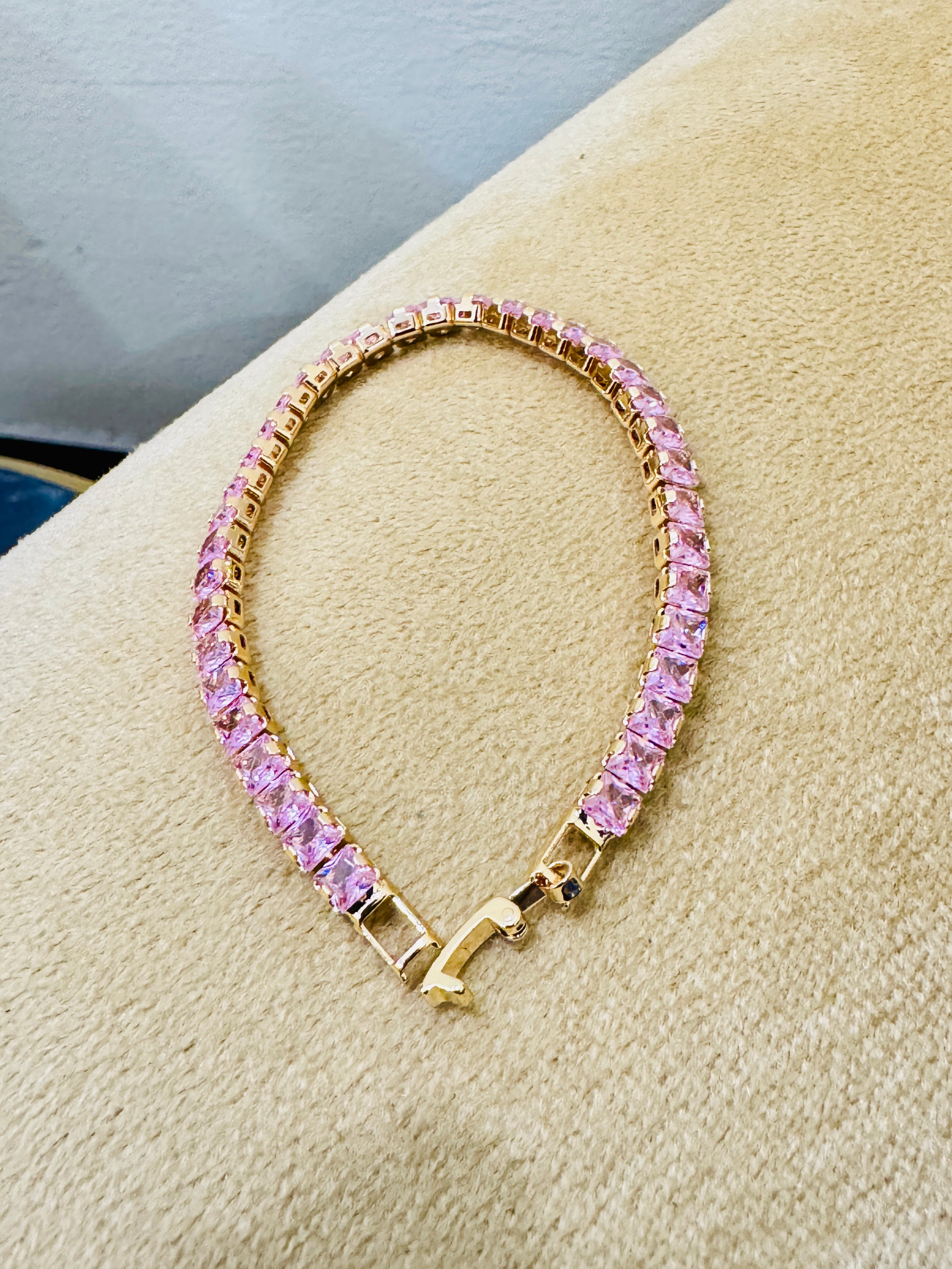 Gold-Plated Pink Crystal Tennis Bracelet – Elegant Festive & Party Wear